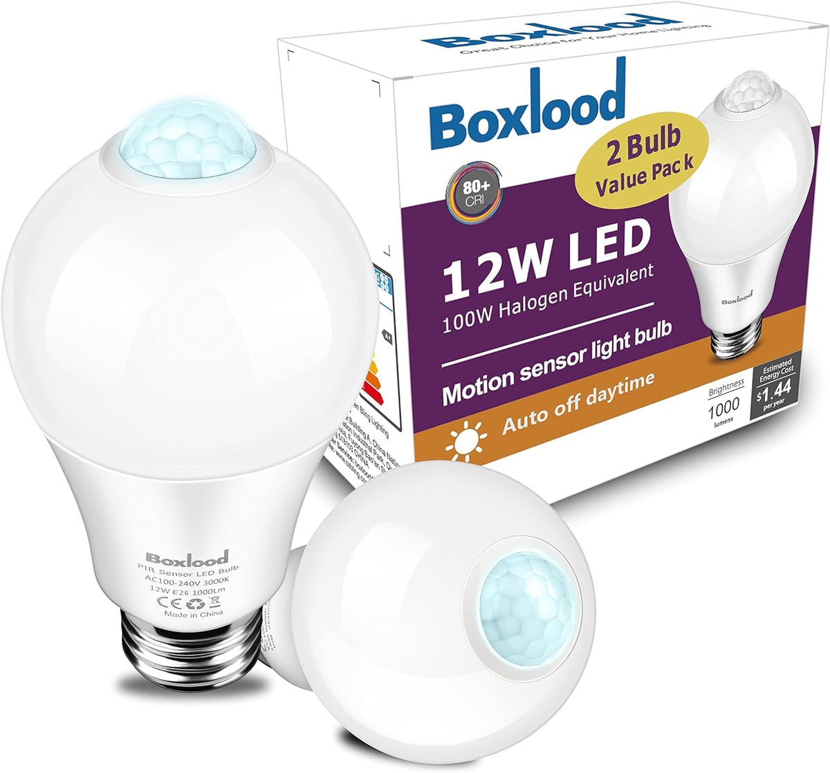 Boxlood Outdoor Motion Sensor Light Bulbs, 12W(100W Equivalent) Indoor Automatic Activated By Motion, A19 E26 5000K Daylight Dus