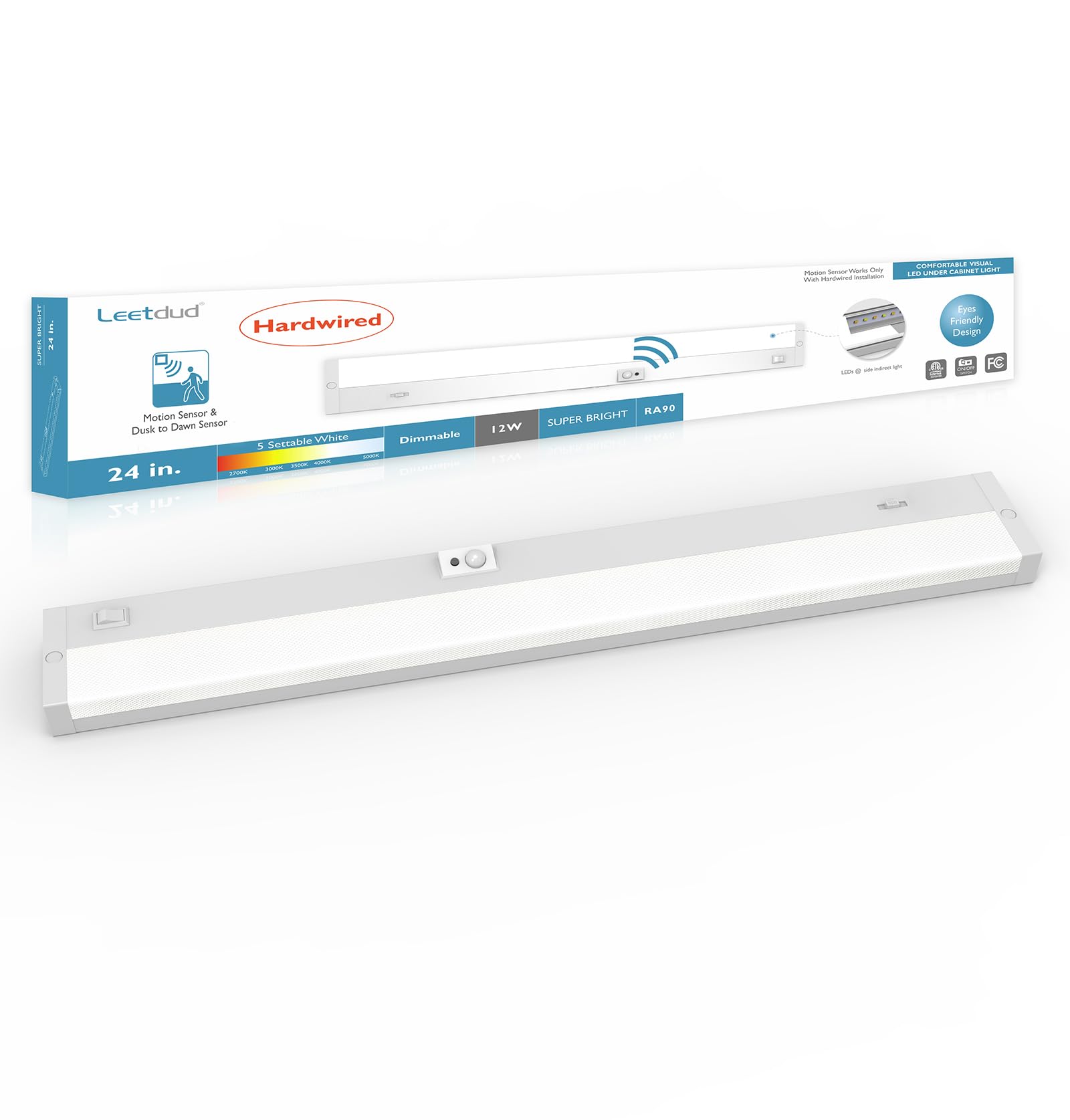Leetdud Under Cabinet Lighting Motion Sensor Hardwired, 24 Inch 12W Dimmable, 5 CCT 2700/3000/3500/4000/5000K, Eyes Care Design 