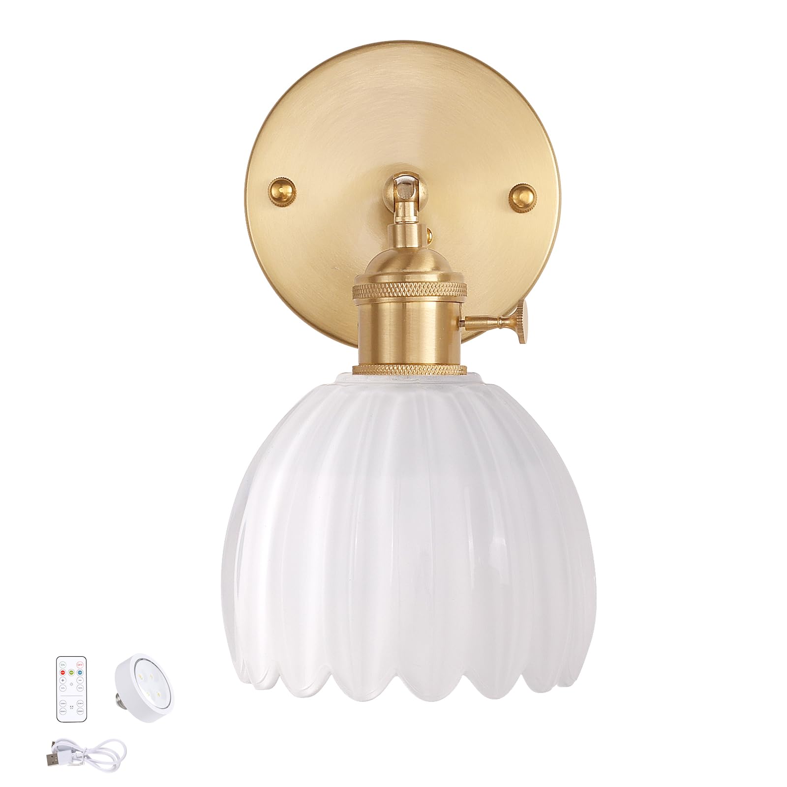 Shenmoyl Vintage Wall Sconce - Battery Operated, Remote Control, Glass, Tulip White, Model 1-9330