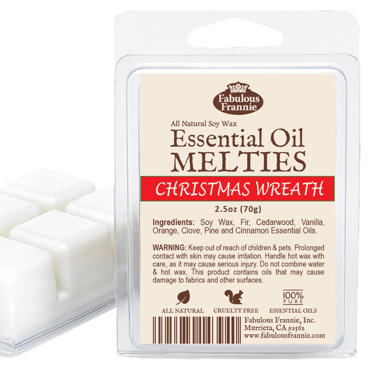 Fabulous Frannie Christmas Wreath 100% Natural Soy Candle Meltie/Tart/Melts with Pure Our Blend of Cypress, Pine, Cedarwood, Ora