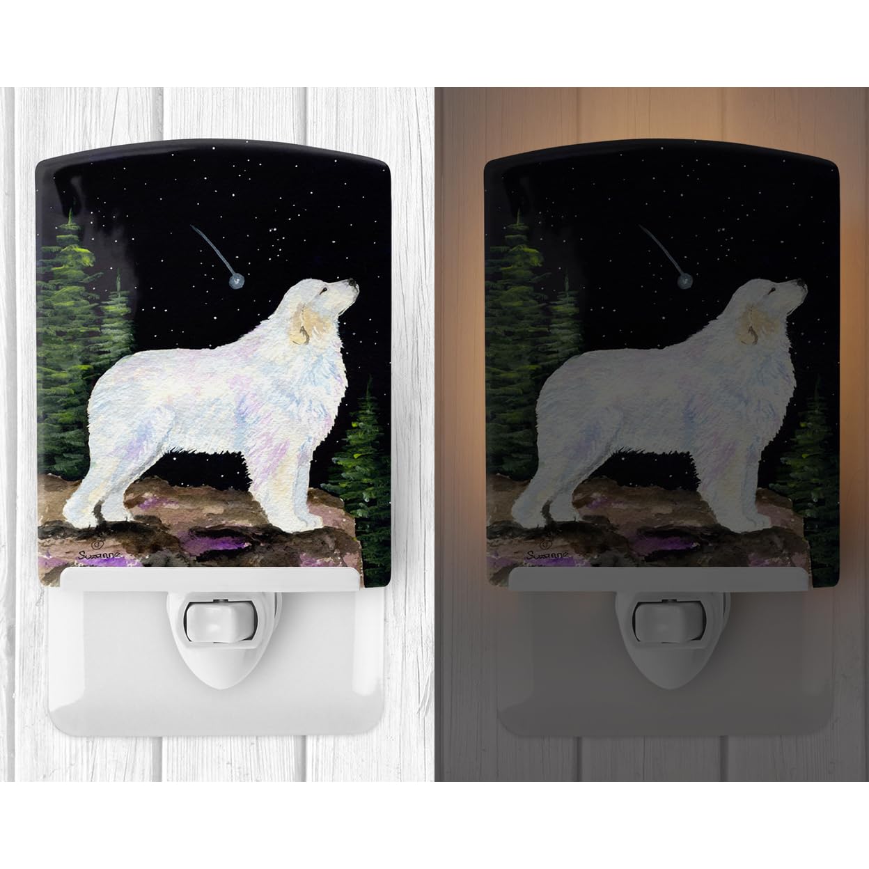 Caroline'S Treasures Ss8471Cnl Starry Night Great Pyrenees Ceramic Night Light Compact, Ul-Certified, Ideal For Bedroom, Bathroom, Nursery, Hallway, Kitchen, 6X4X3, Multicolor