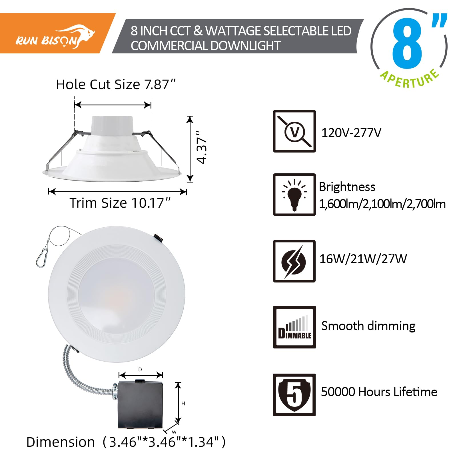 Run Bison 8 Inch Recessed Led Commercial Downlight With J-Box, Wattage Adjustable 16/21/27W,3 Color Selectable 3000K-5000K, 120-