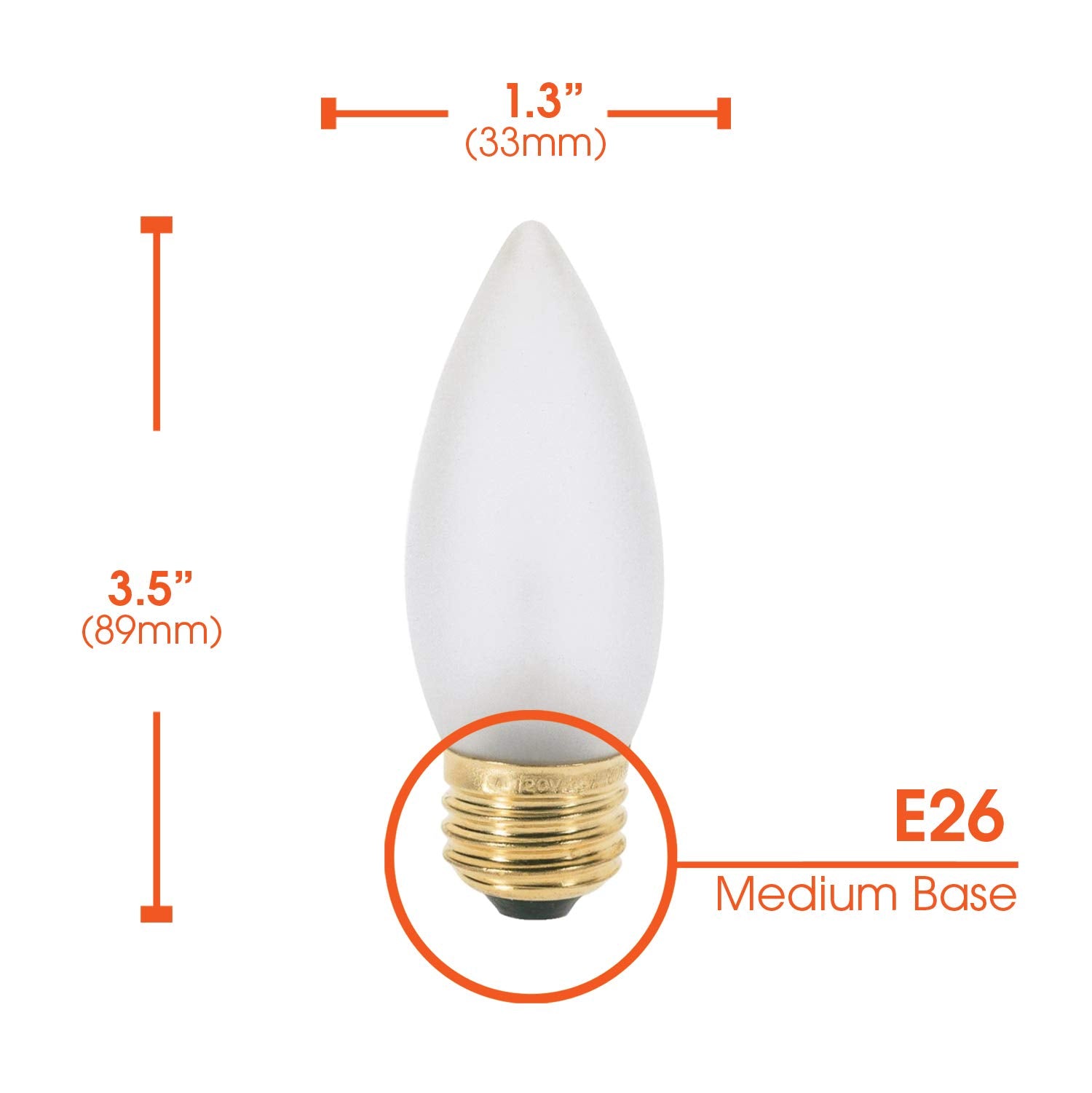 25W B11 Incandescent Frosted Chandelier Light Bulb, Torpedo Tip, E26 Medium Base, 170 Lumens, Dimmable, 120V, (6 Pack)