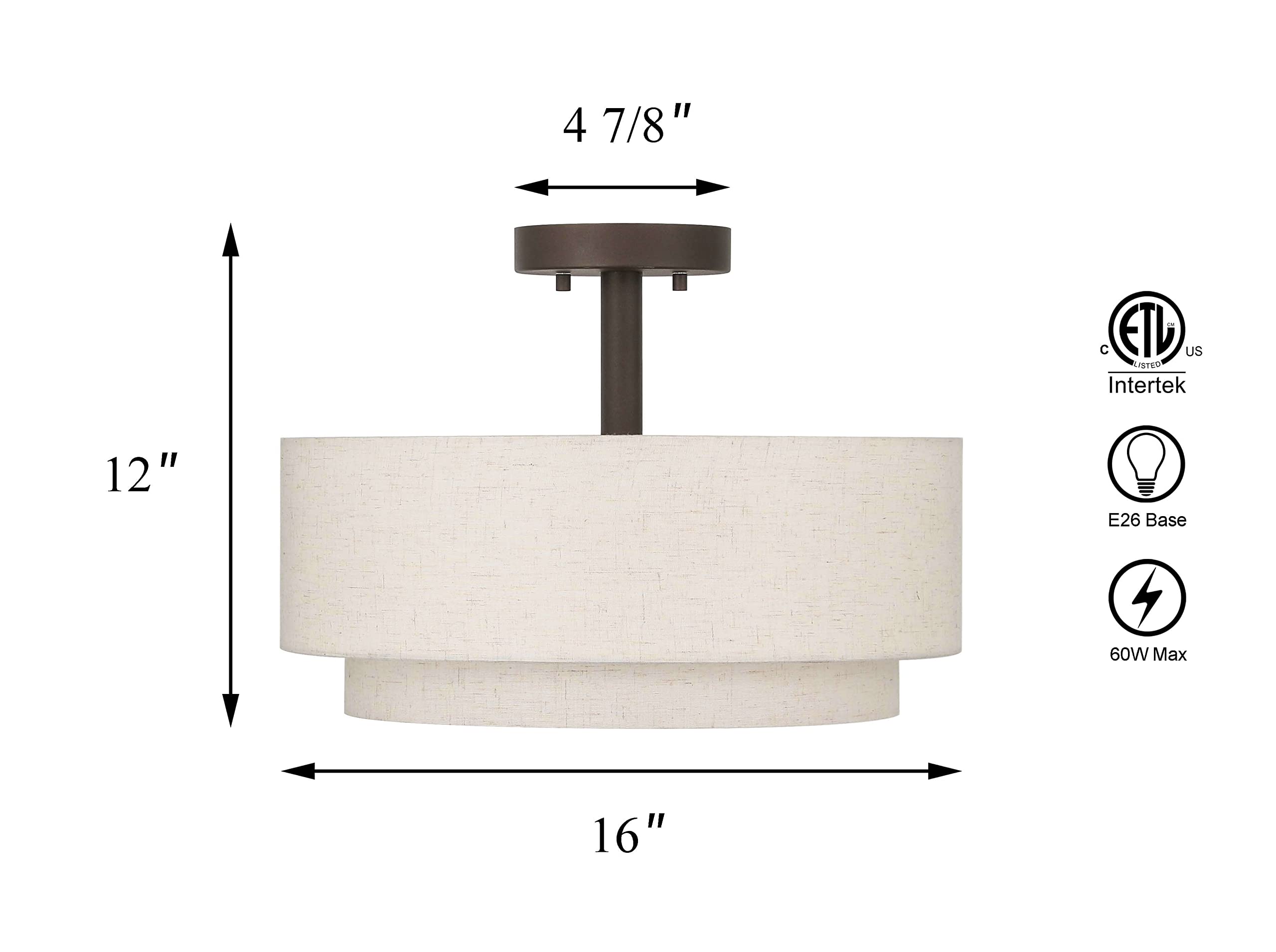 Xinbei Lighting Drum Semi Flush Light, 3 Light Semi Flush Mount Ceiling Light Fixture With Fabric Shade Modern Close To Ceiling