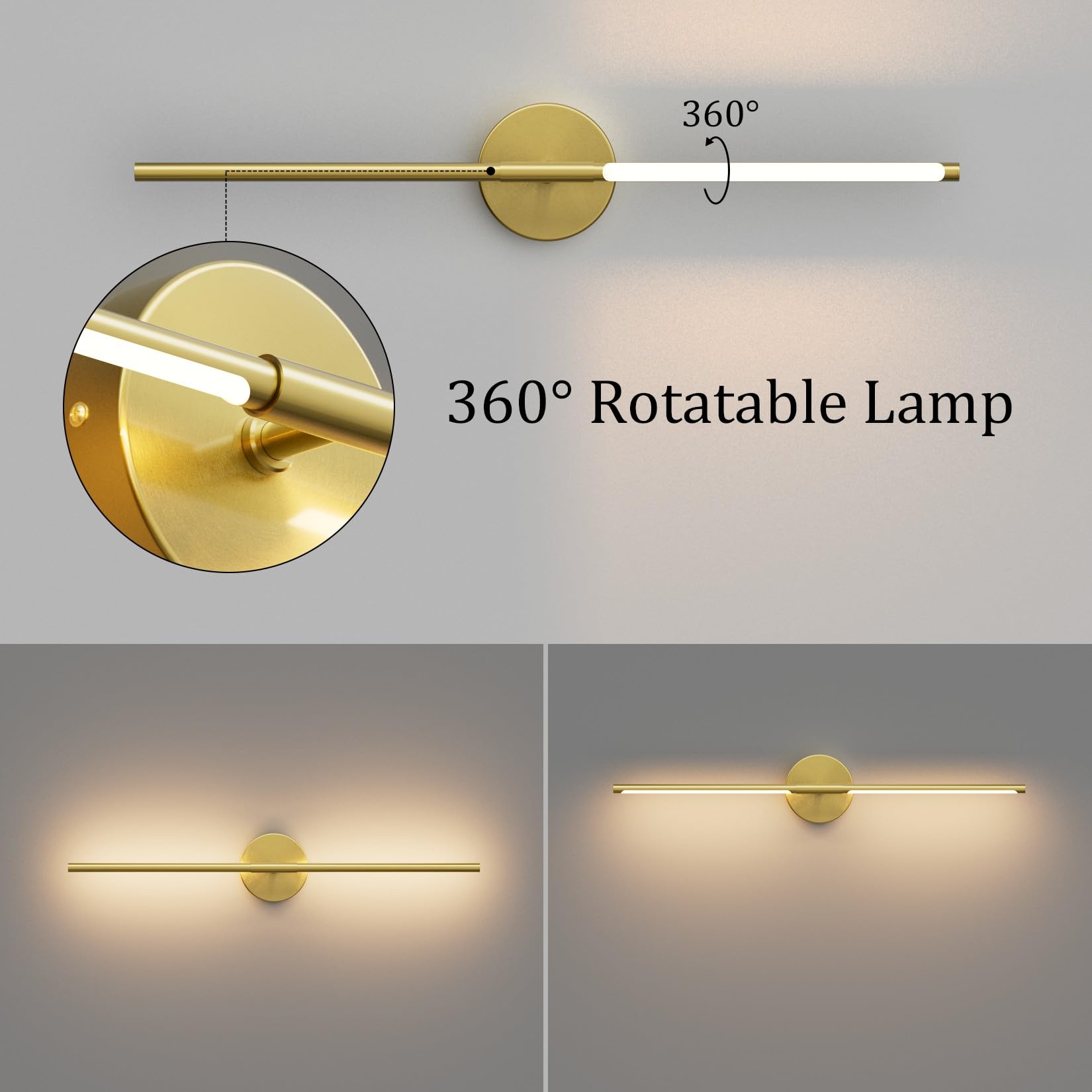 Coinmit 40-Inch Gold Wall Sconces Set of Two, 360° Rotate Modern Metal Vanity Light for Bathroom & Living Room, 30W, 3000K