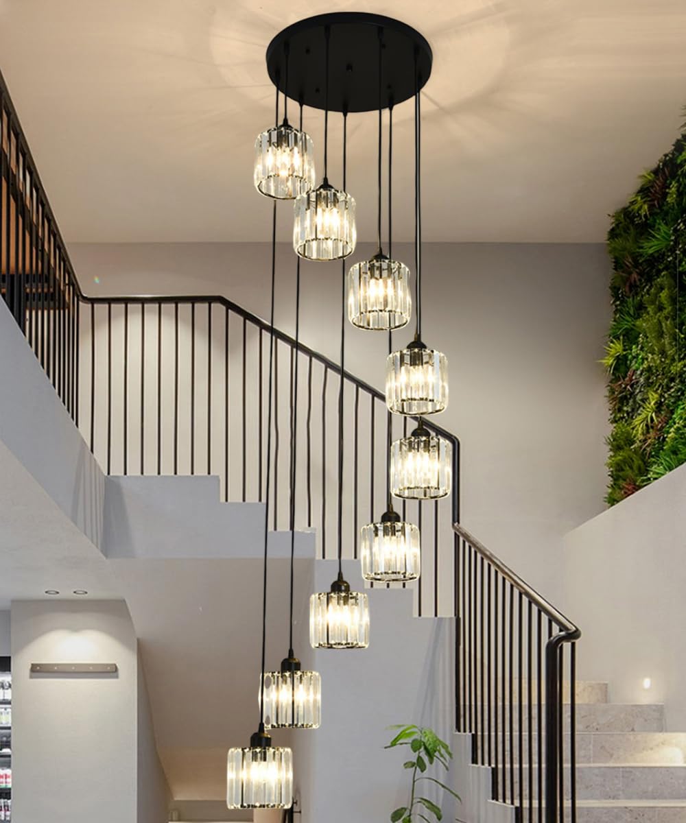 Meimond Long Chandeliers For High Ceilings,Modern Crystal Pendant Light,Raindrop Drop Lamp,Hanging Flush Mount Lighting Fixtures For Spiral Staircase,Foyer,Entryway,Living Room,Black (9 Lights)