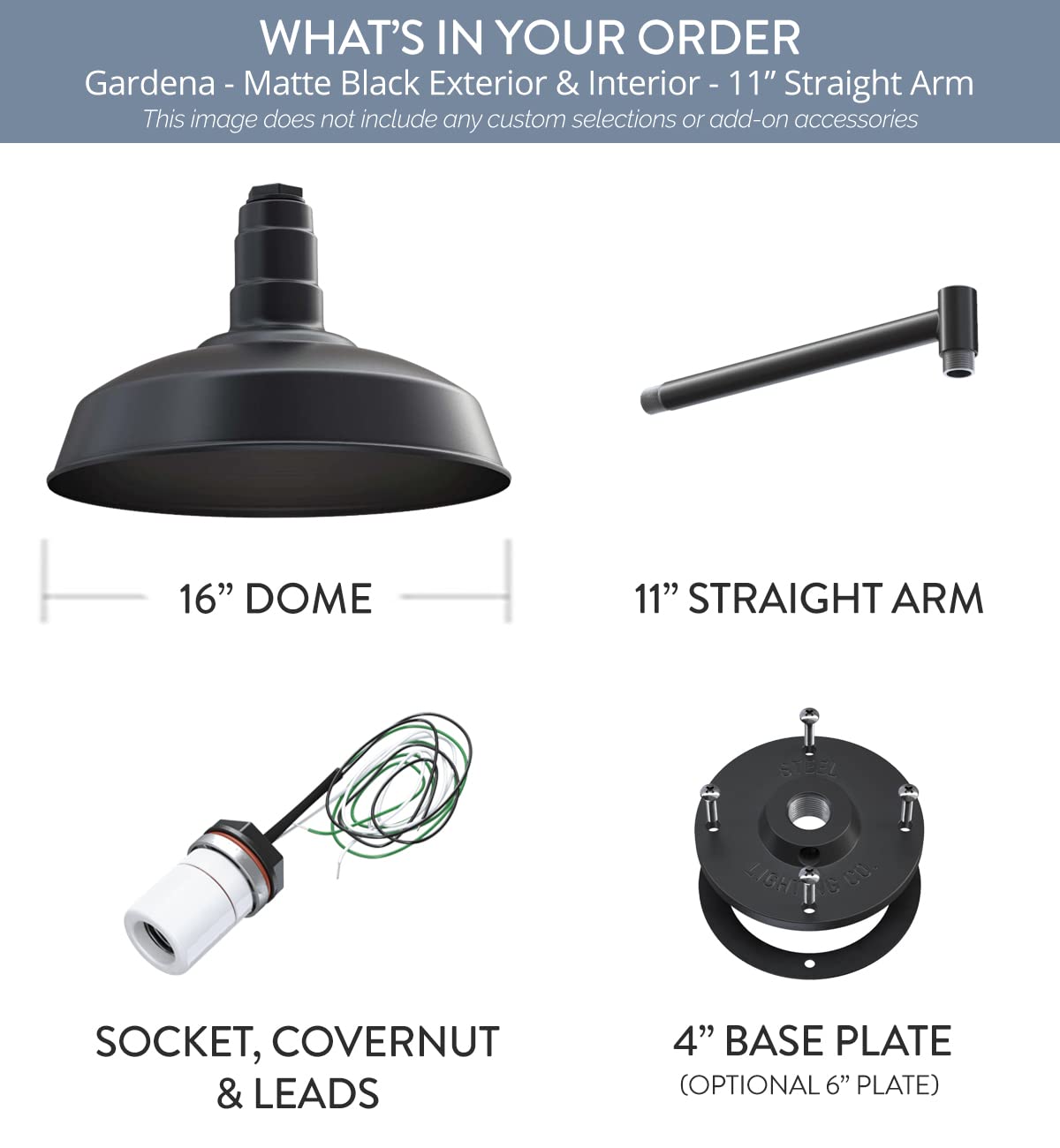 Steel Lighting Co. Gardena Barn Light - 16 Dome, 11 Arm, Dusk To Dawn, Matte Black, Outdoor Wall Mounted, Made In America