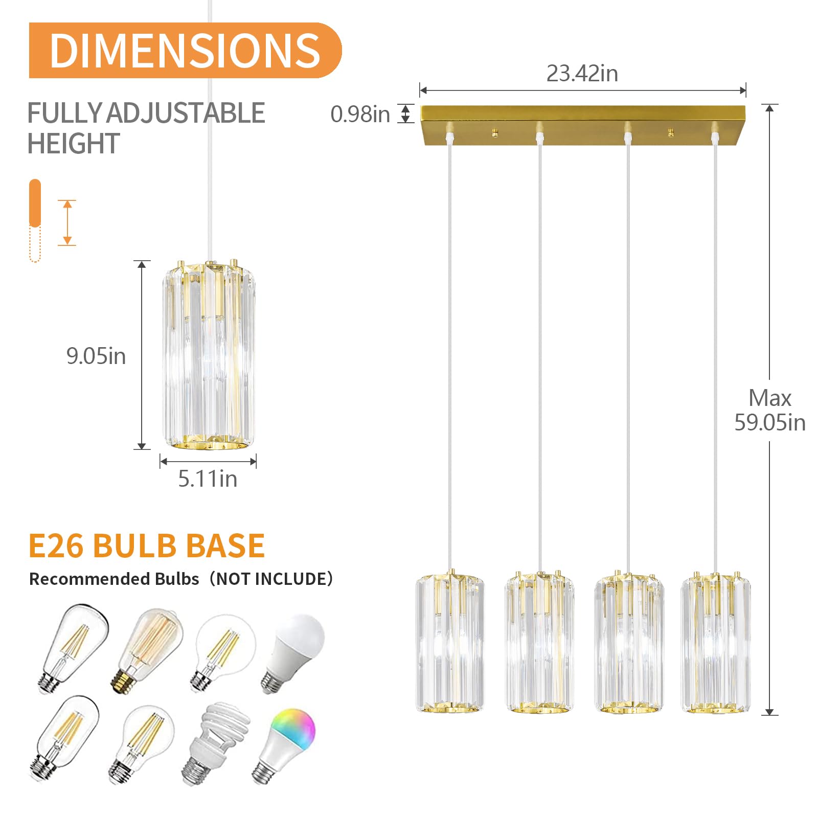 zhllmq Gold Pendant Light Fixture - Modern Mini Crystal Chandelier, Adjustable 4-Light for Kitchen Island, Dining Room, Bedroom