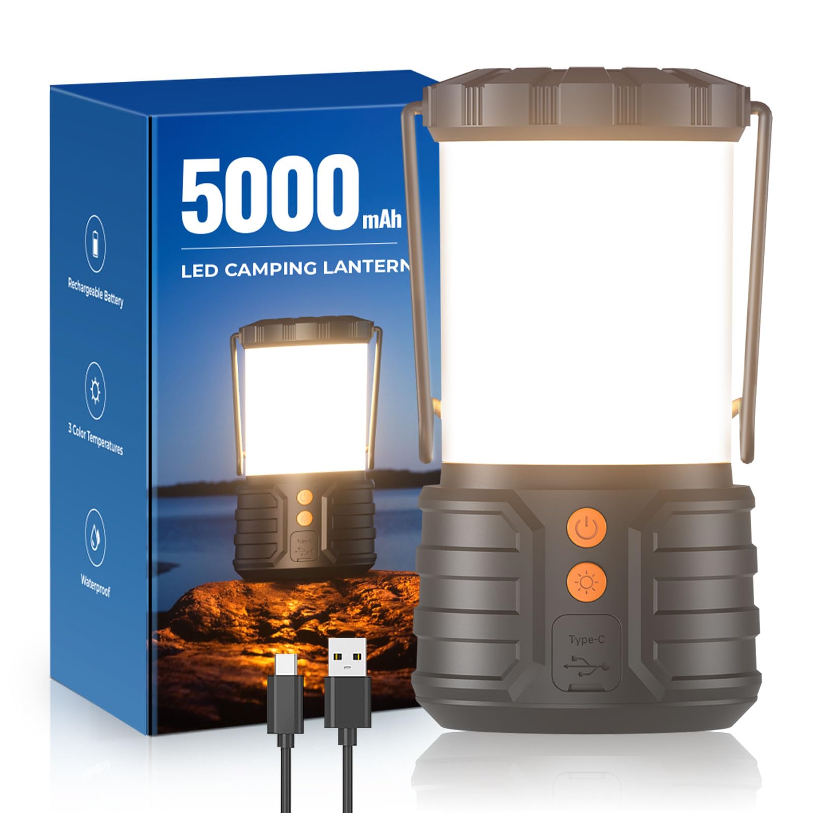 Camping Lantern,5000Mah Rechargeable Battery Emergency Lights For Power Outages,3 Colors,Ipx4 Waterproof Portable Flashlight Cam