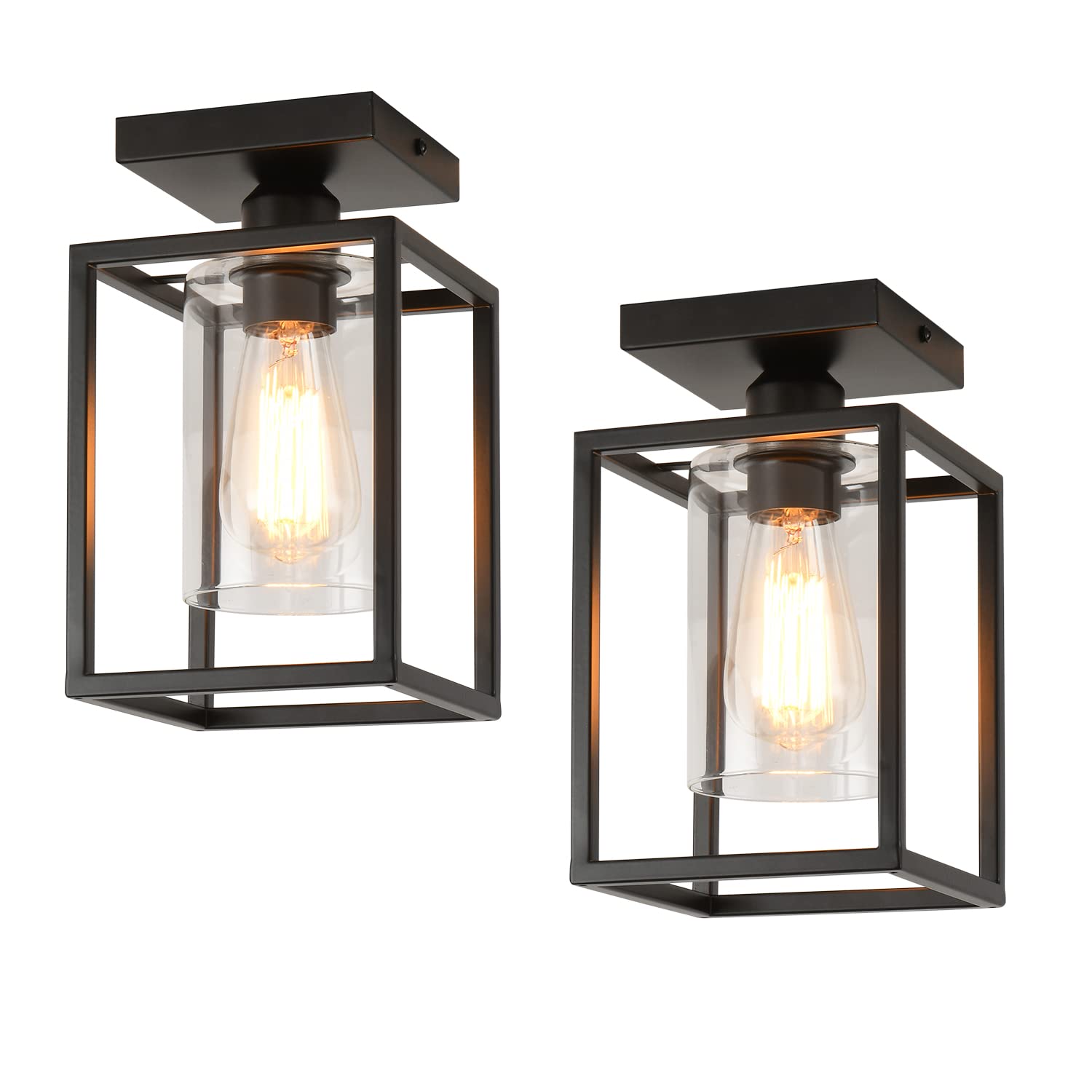 Ihengyanlt 2 Pack Semi Flush Mount Ceiling Light, Black Metal Frame With Clear Glass Shade, Farmhouse Light Fixture For Kitchen, Island, Entryway, Porch, Foyer, Dining Room