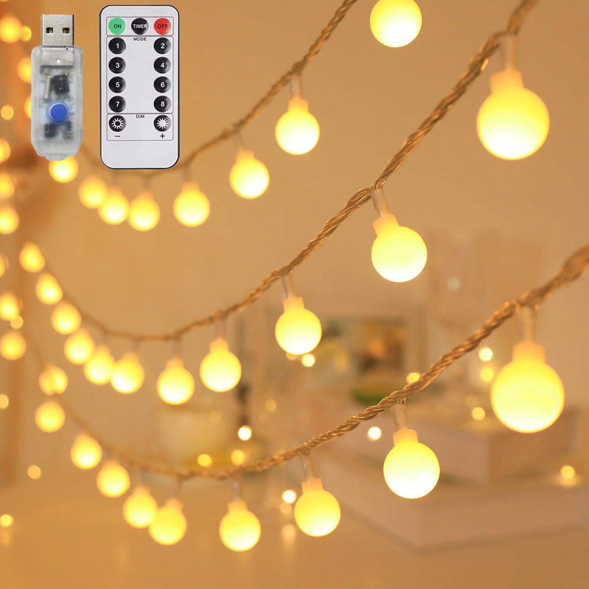 Globe String Lights 65.6 Ft. 200 LED 8 Modes with Remote,USB Fairy String Lights Plug in,Waterproof LED String Lights for Indoor