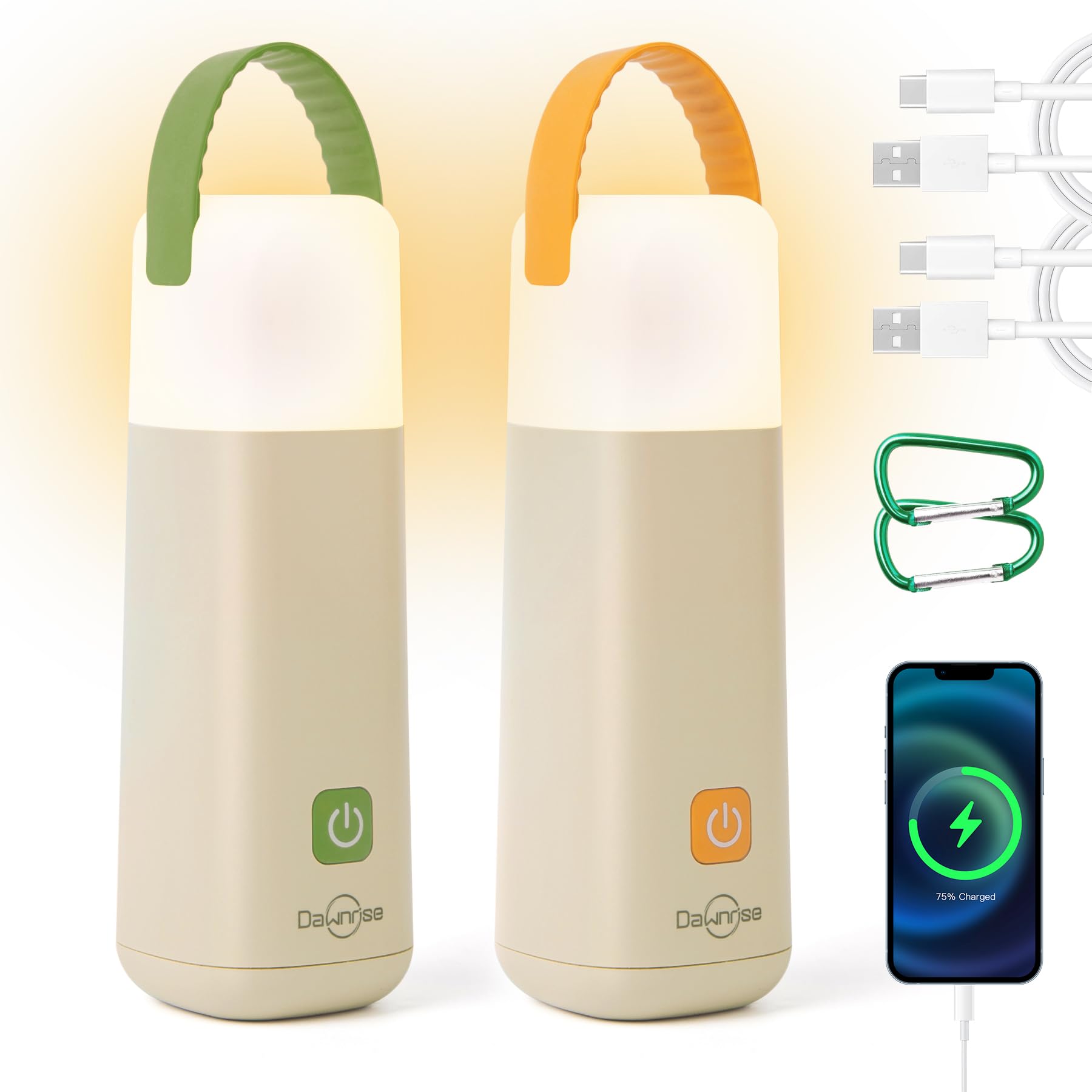 Dawnrise LED Camping Lantern, 350 Hours Rechargeable Light, 4 Modes, Water Resistant, Yellow & Green, Model NL649-Y+G, 2 Pack