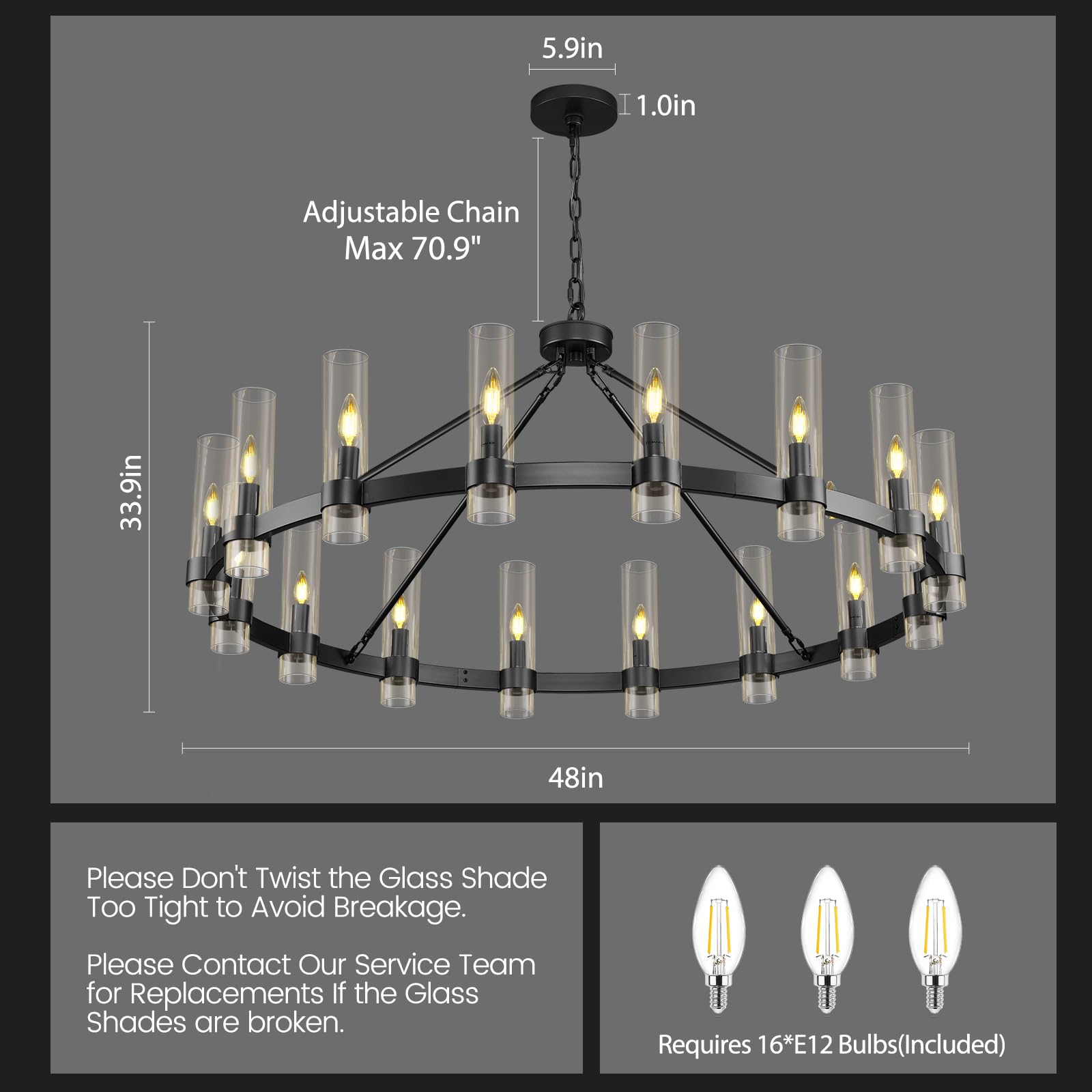 Black Wagon Wheel Chandelier, 48 Inch Chandeliers With Glass Shade, 16-Light Large Chandelier For High Ceiling, Modern Farmhouse