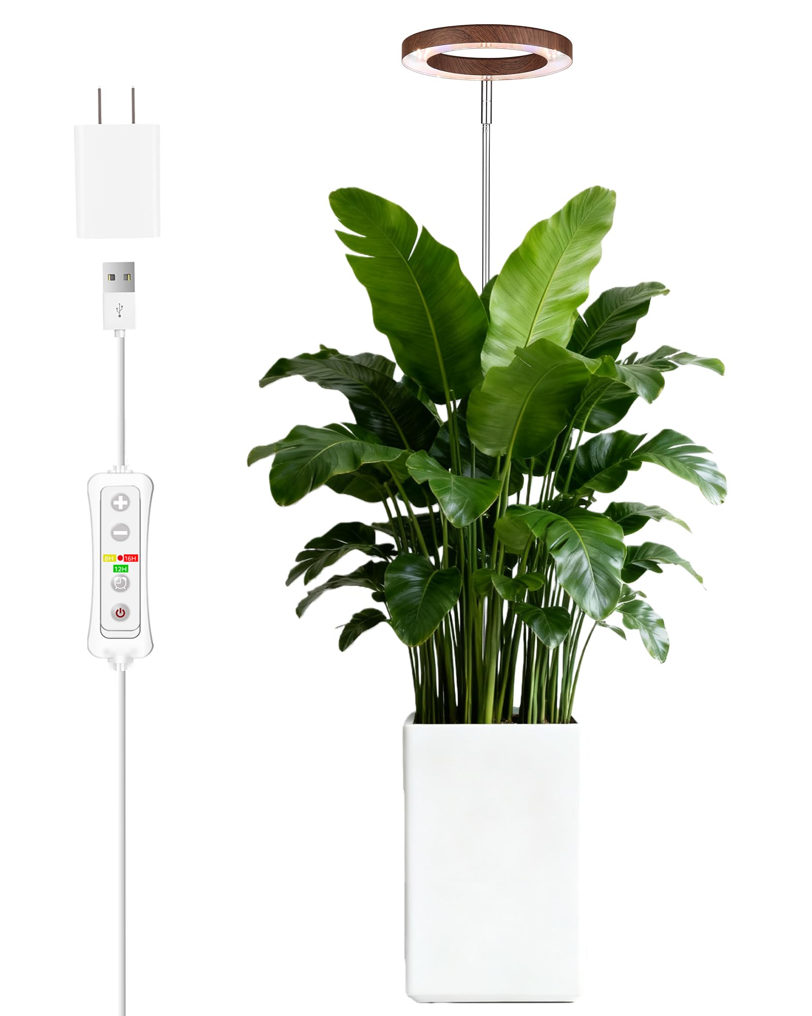 yadoker Plant Grow Light LED Growing Light Full Spectrum for Indoor Plants Aluminum Walnut Wood Grain Plant Lights Height Adjustable  Automatic Timer  5V Low Safe Voltage