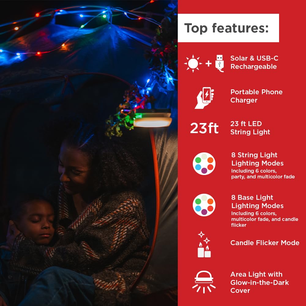 Luminaid Color Solar String Light With Phone Charger - Multicolor Tent Lights For Camping - 23 Ft Rechargeable String Lights Per