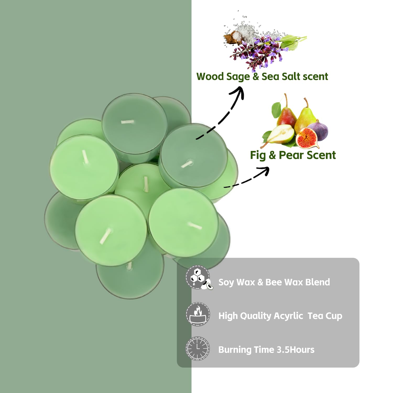 12 Pack Scented Tealight Candles, White Bee Wax & Soy Wax Blended Candle in Green, 2 Scents Fig & Pear and Wood Sage & Sea Salt,