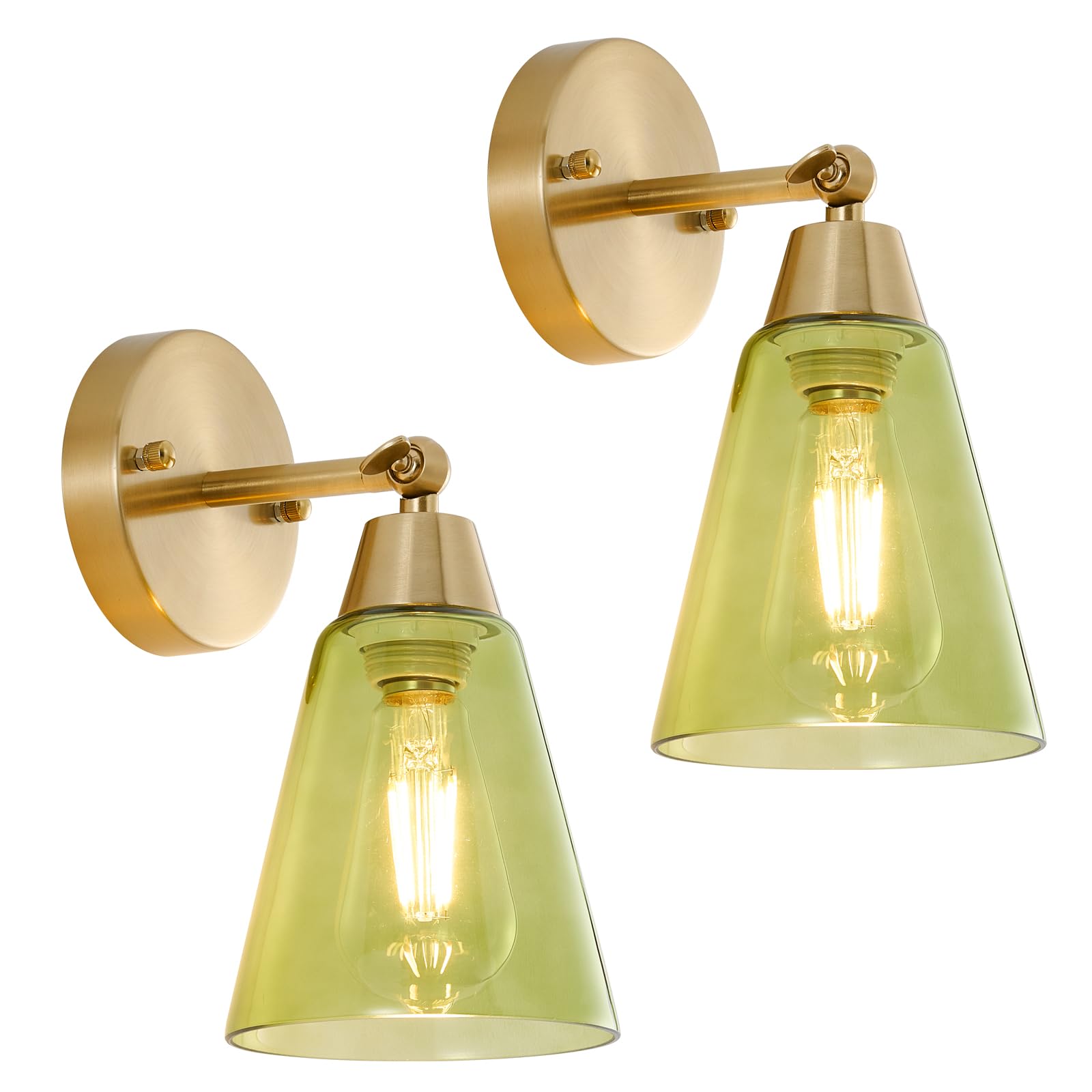 MWZ Gold Wall Sconce Decor Set of 2,Modern Brushed Brass Sconces Lighting with Green Glass Shade,Bathroom Light Fixtures Over Mi