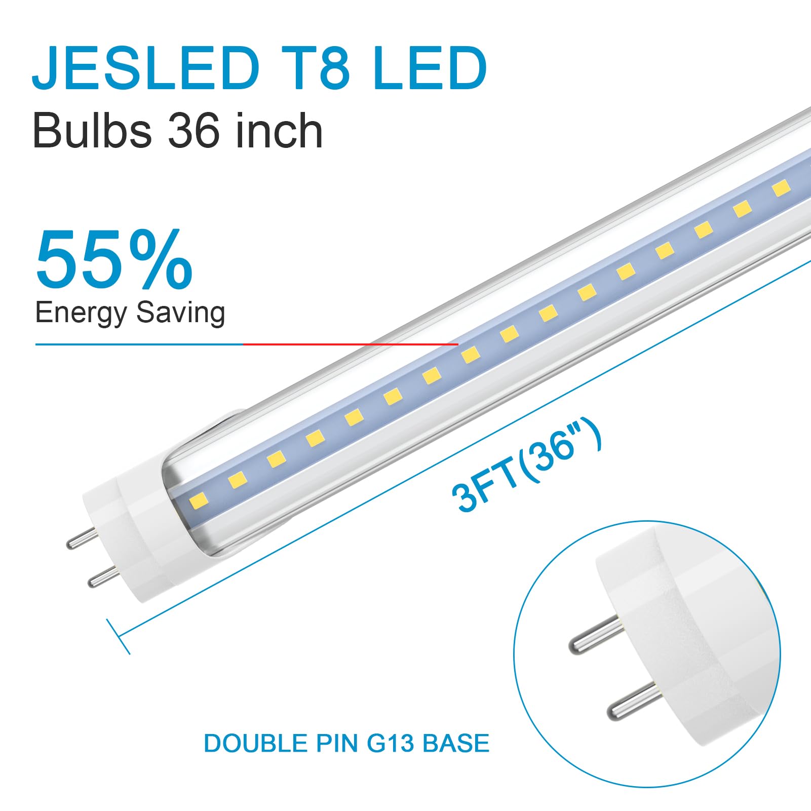 JESLED 36" LED Tube Light, T8 Hybrid Type A+B, 14W, 1600LM, 5000K Daylight, Clear Cover, ETL Listed,