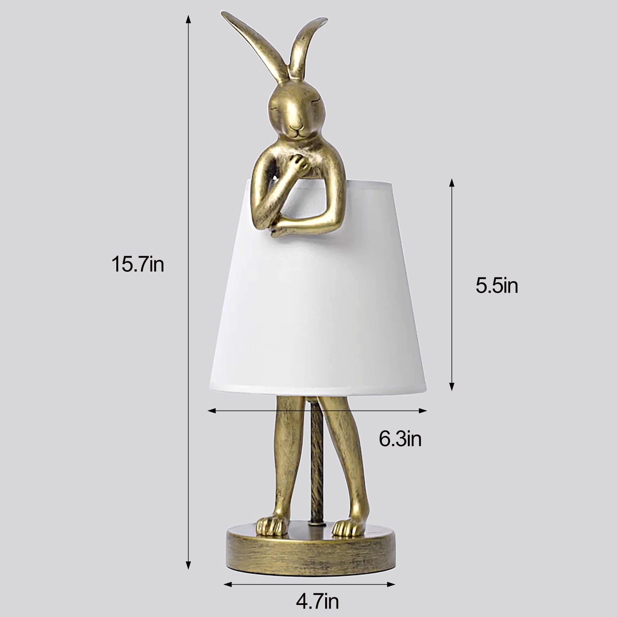 Jgoewbj Bunny Table Lamp, Resin Rabbit Desk Light, Animal Lamps With Linen Shade, Vintage Antique Gold Main Part (White Lamp Shade)