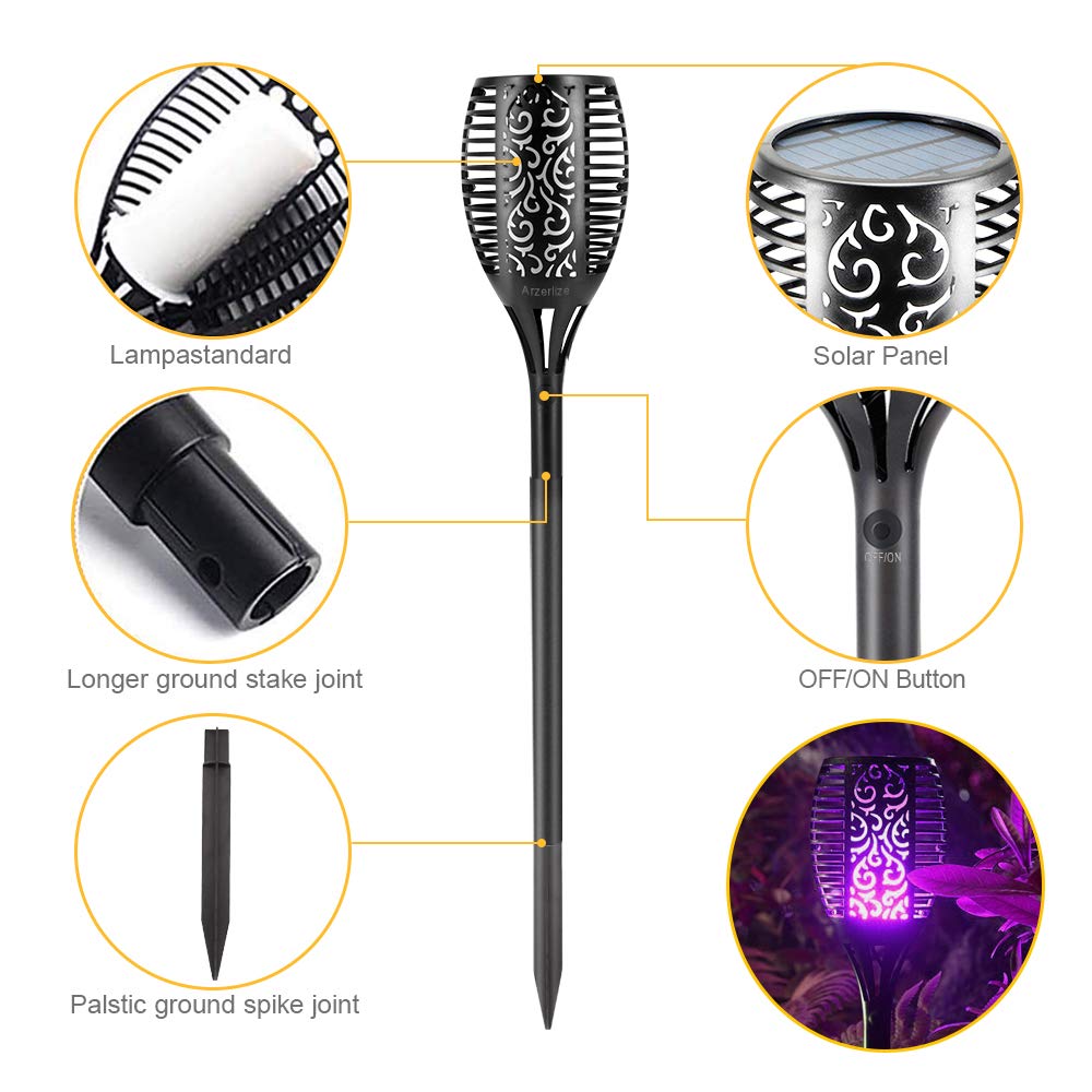 EOYIZW Solar Tiki Torches, 4 Pack, 99 LEDs, Purple, IP65 Waterproof, Flickering Dancing Flame Lights for Outdoor Halloween Decor
