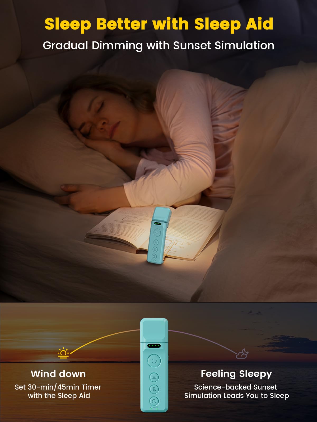 Glocusent Rechargeable Book Light A28 - 5 Brightness Levels, 3 Colors, Lake Blue, Sleep Aid & Timer for Night Reading