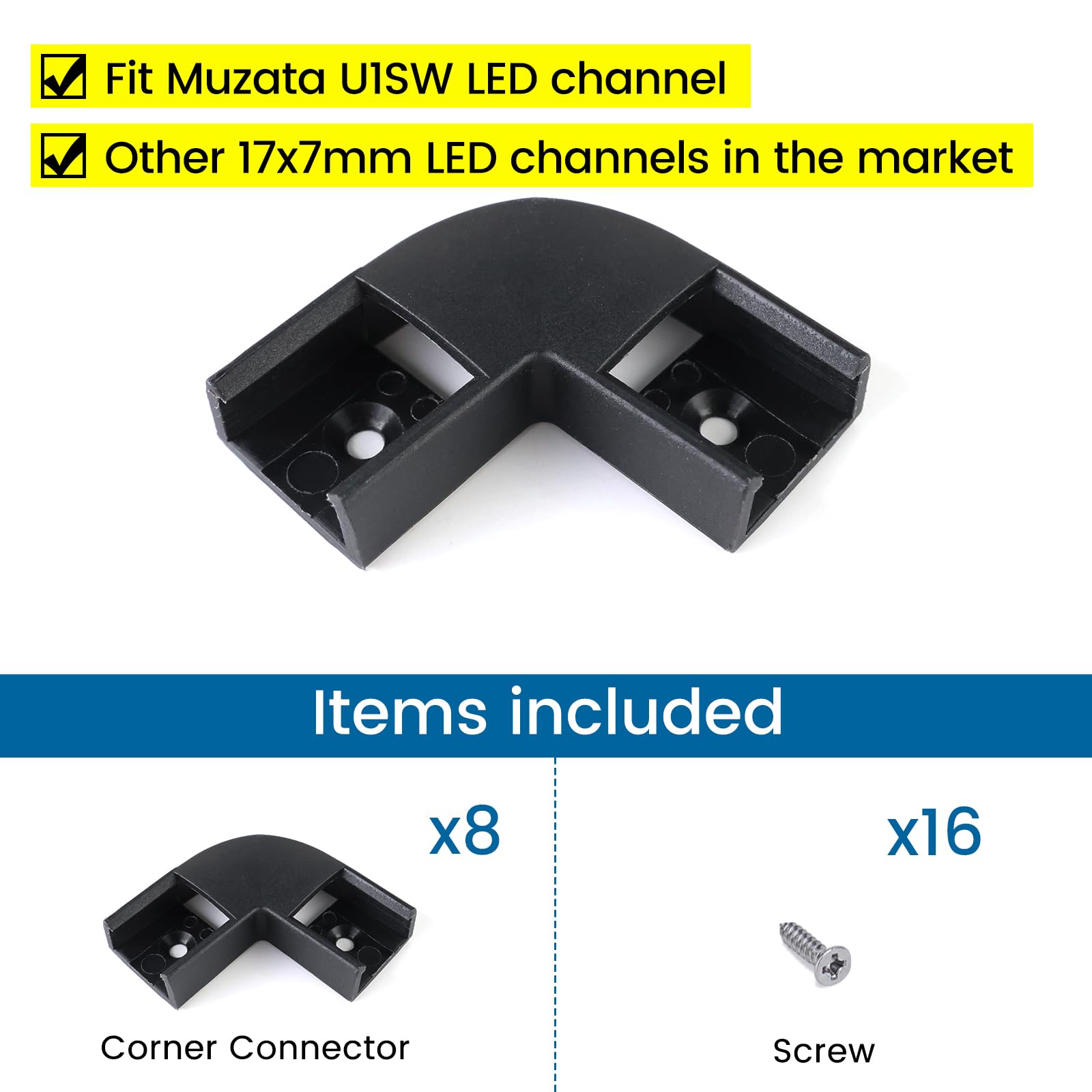 Muzata 8Pack Black Corner Connector Kit For Led Channel L Shape 90 Degree Connectors Fit Muzata U1Sw U Shape 17X7Mm Black Led St