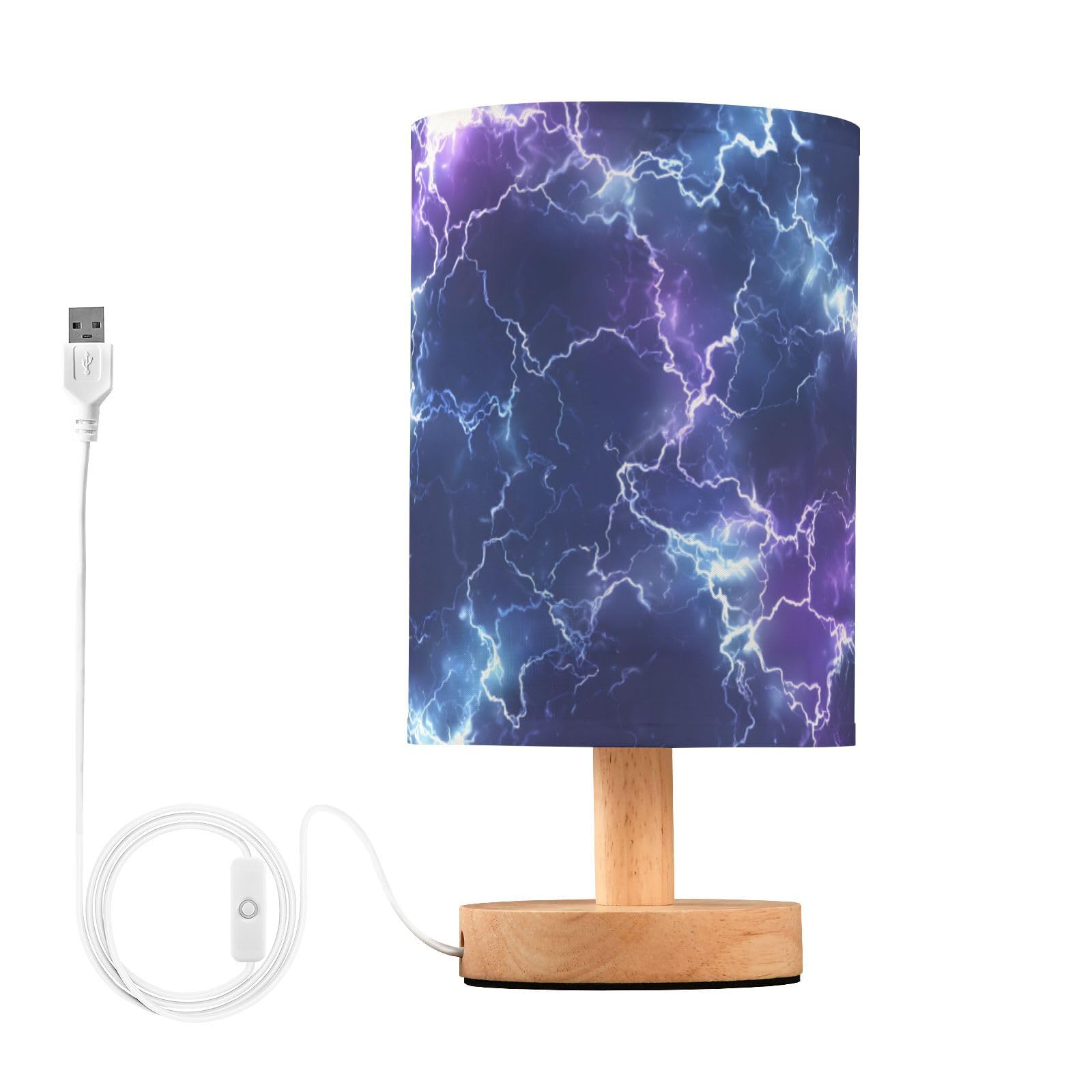 BOENLE Bedside Lamp Dark Blue Purple Lightning Table Lamp for Bedroom LED Nightstand Lamp Shade USB Ports Wood Base for Living R