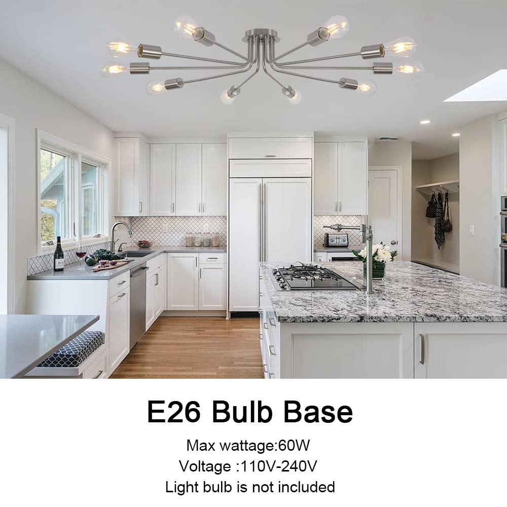 Tuluce 10 Light Sputnik Chandelier Brushed Nickel Ceiling Light Semi Flush Mount Light Ceiling Lamp For Kitchen Dining Room Livi