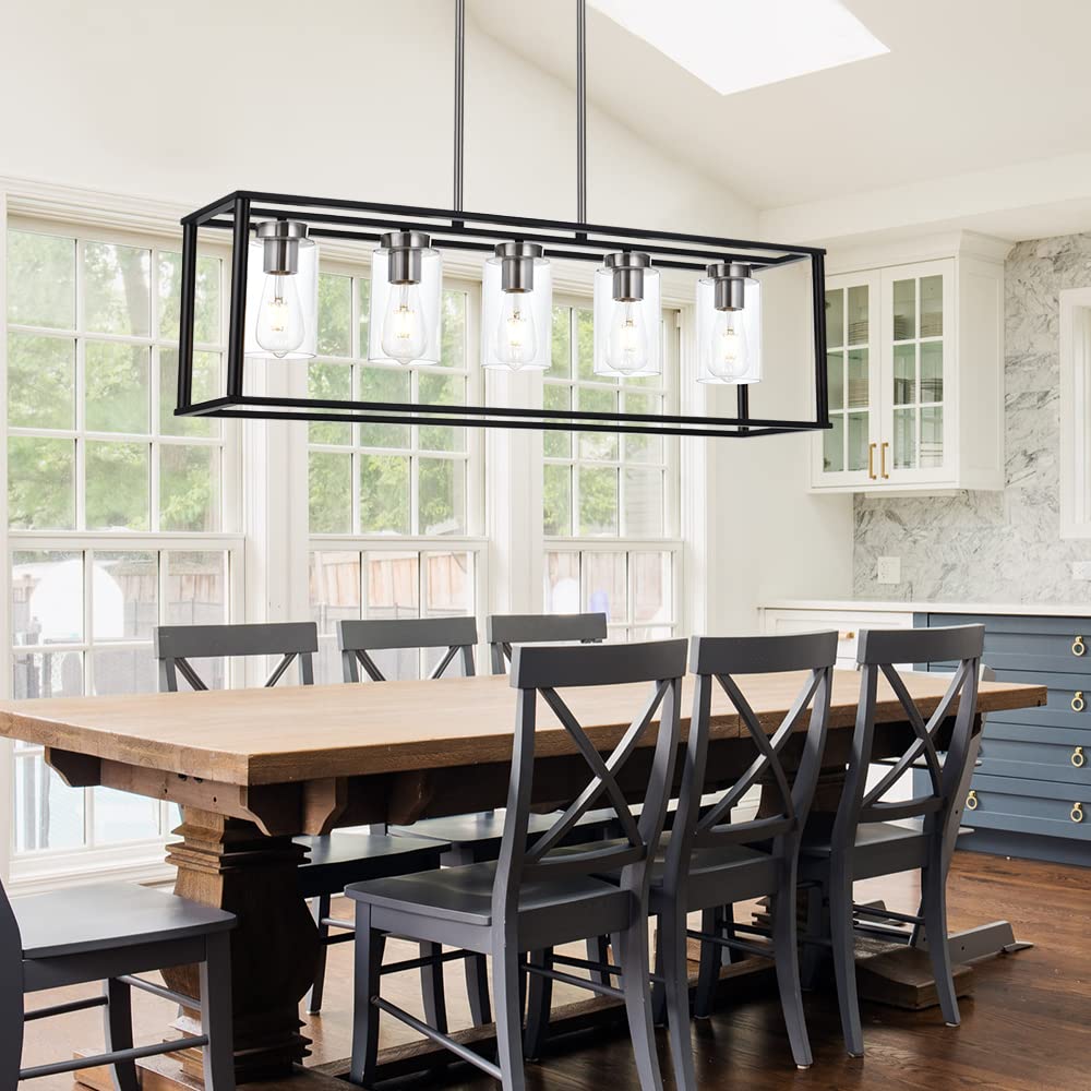 VINLUZ Modern Chandelier Lighting Fixture, 5 Light, Brushed Nickel and Black, Clear Glass Shade, Model 1811-5-BS