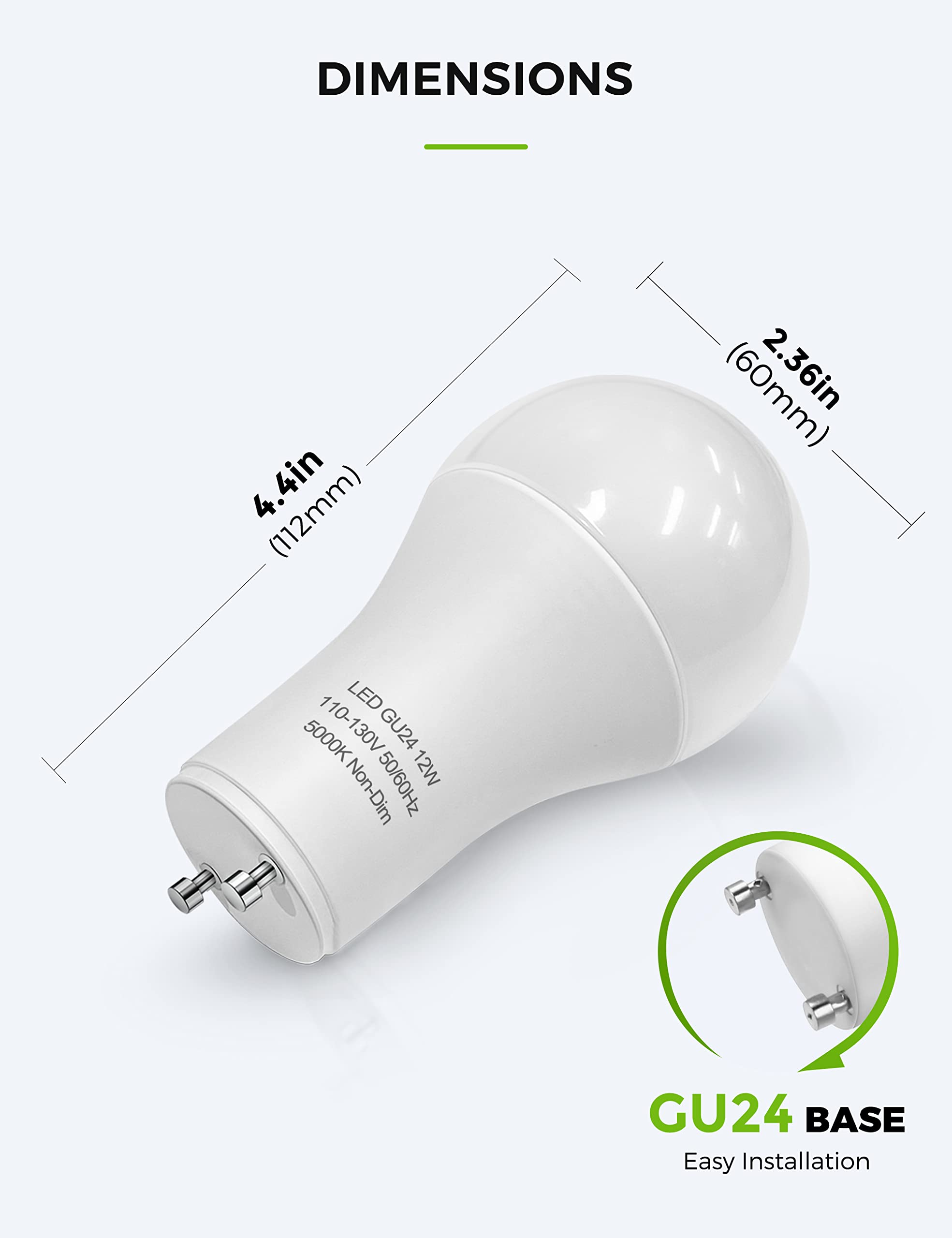 L Lohas Gu24 Base Led Light Bulb, 12W (75W-100W Equivalent), 1200 Lumen, 5000K Daylight White, Non-Dimmable,