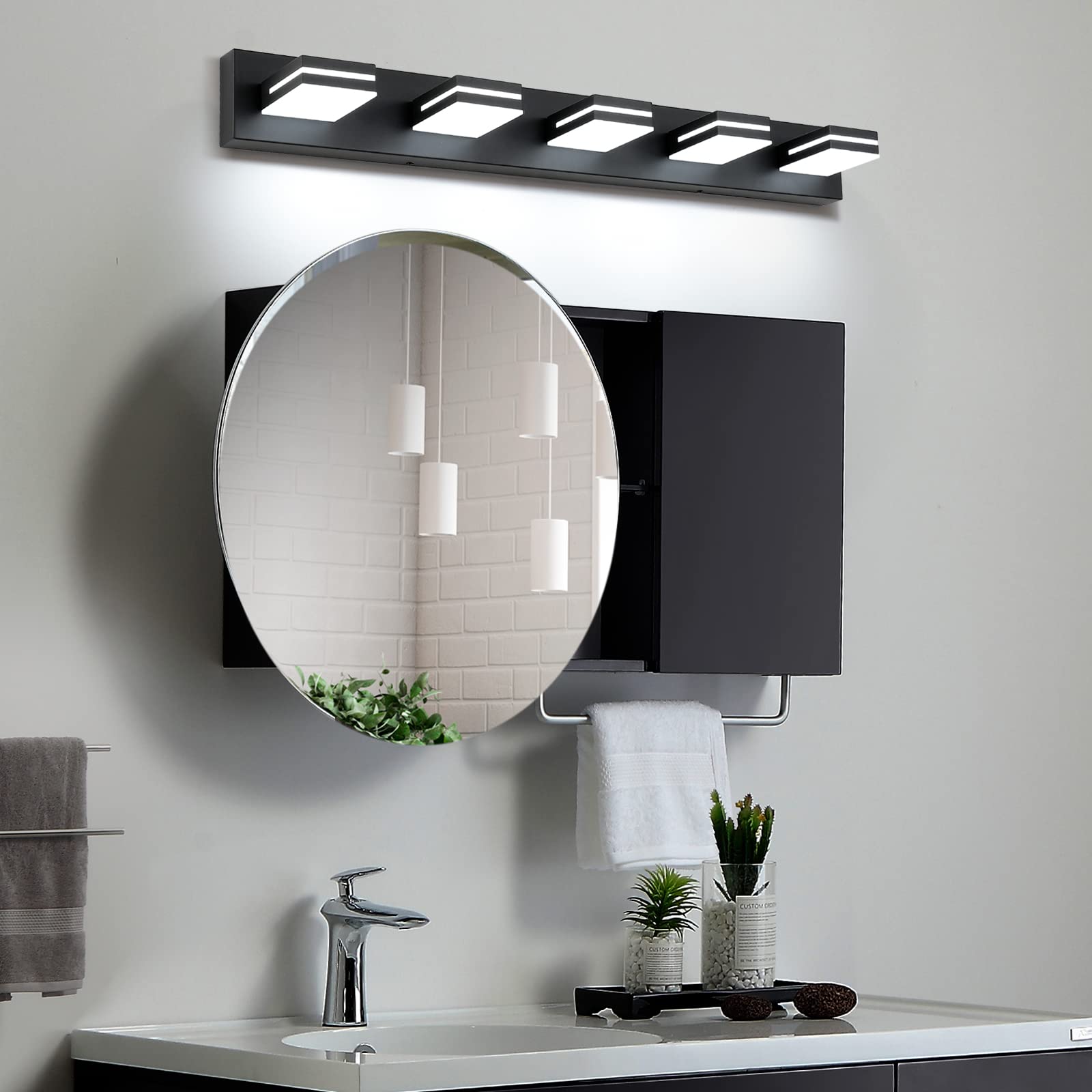 SineRise 5-Light LED Bathroom Vanity Light Fixtures, 40-Inch, Matte Black, Modern Acrylic, Model 9553E, Cool White 6000K
