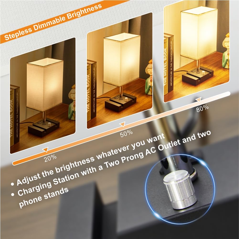 lifeholder Bedside Lamp with USB & Type-C Ports, Warm White Bulb, Iron, Model LH-T23-W, Touch White Color