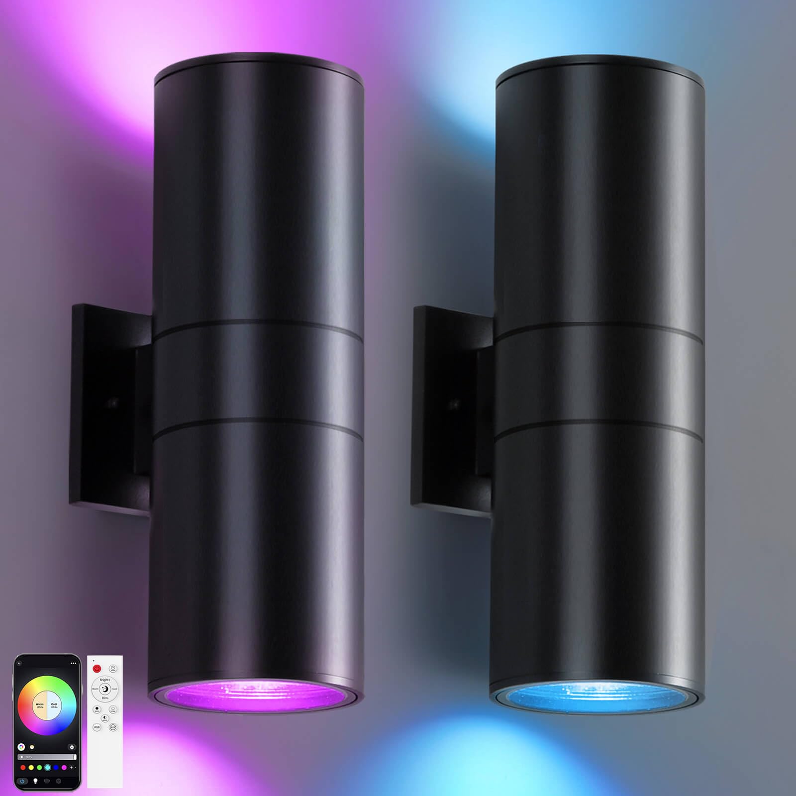 KIZON Smart Porch Lights 2 Pack, RGB Modern Outdoor Wall Lights Dusk to Dawn Exterior Lighting Fixture App Control with Remote, 
