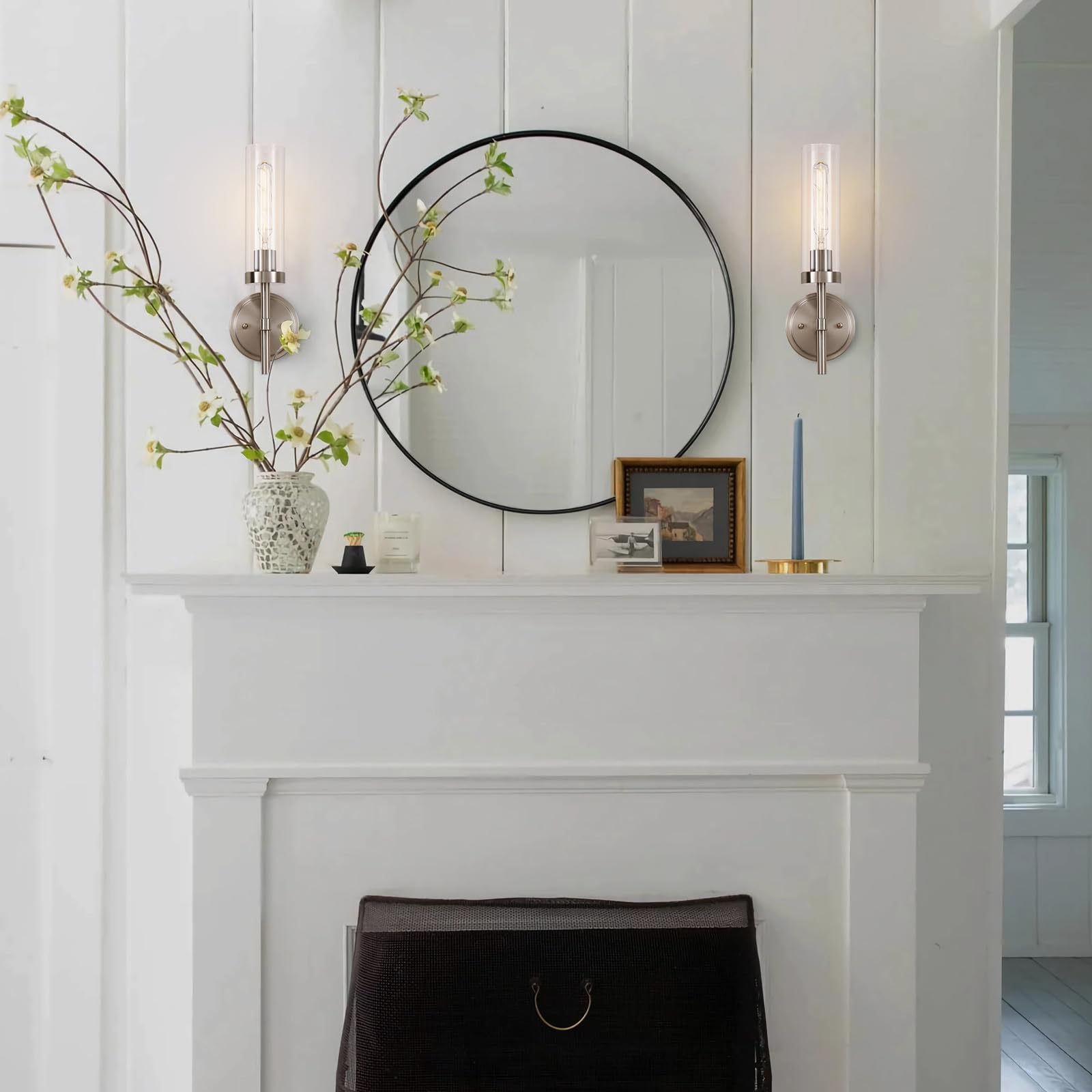 Santostock Brushed Nickel Hardwired Wall Sconces Set Of 2, Modern Bathroom Sconces Vanity Light Fixture, Farmhouse Wall Mount La