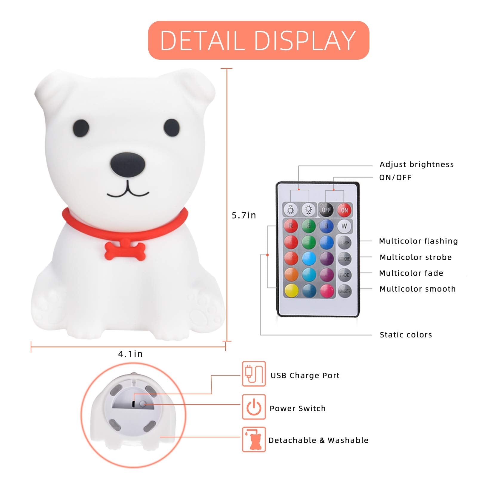 Tremdwoto Dog Night Light - Cute Silicone Lamp with Remote, Dimmable, White, Model Tremdwoto-01, Ideal for Kids Bedroom Decor