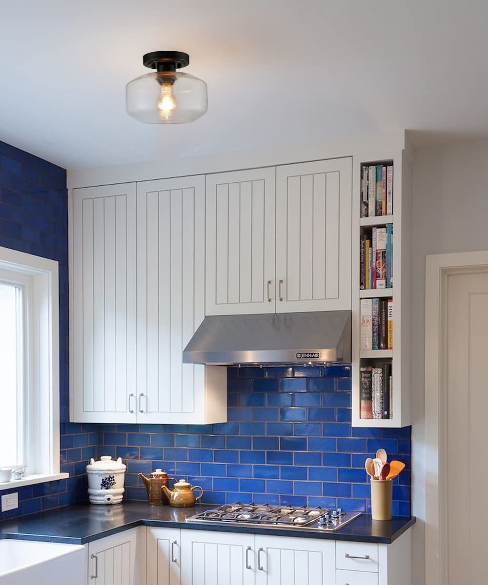 JEENKAE Modern Farmhouse Flush Mount Ceiling Light, Black, Glass, Small Size for Hallway, Laundry Room, Entryway