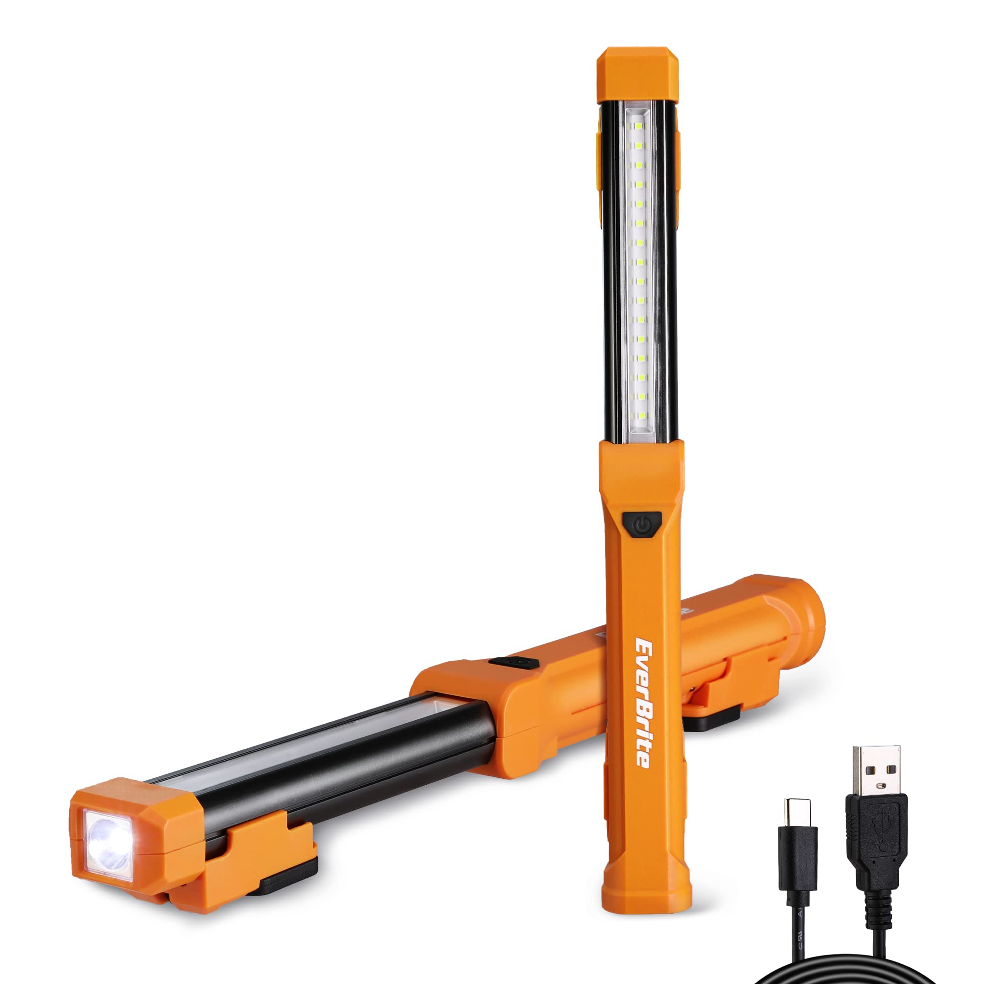 EverBrite LED Work Light, 1000LM, Rechargeable, Dual Magnetic Bases, 4 Modes, Orange, Pack of 2