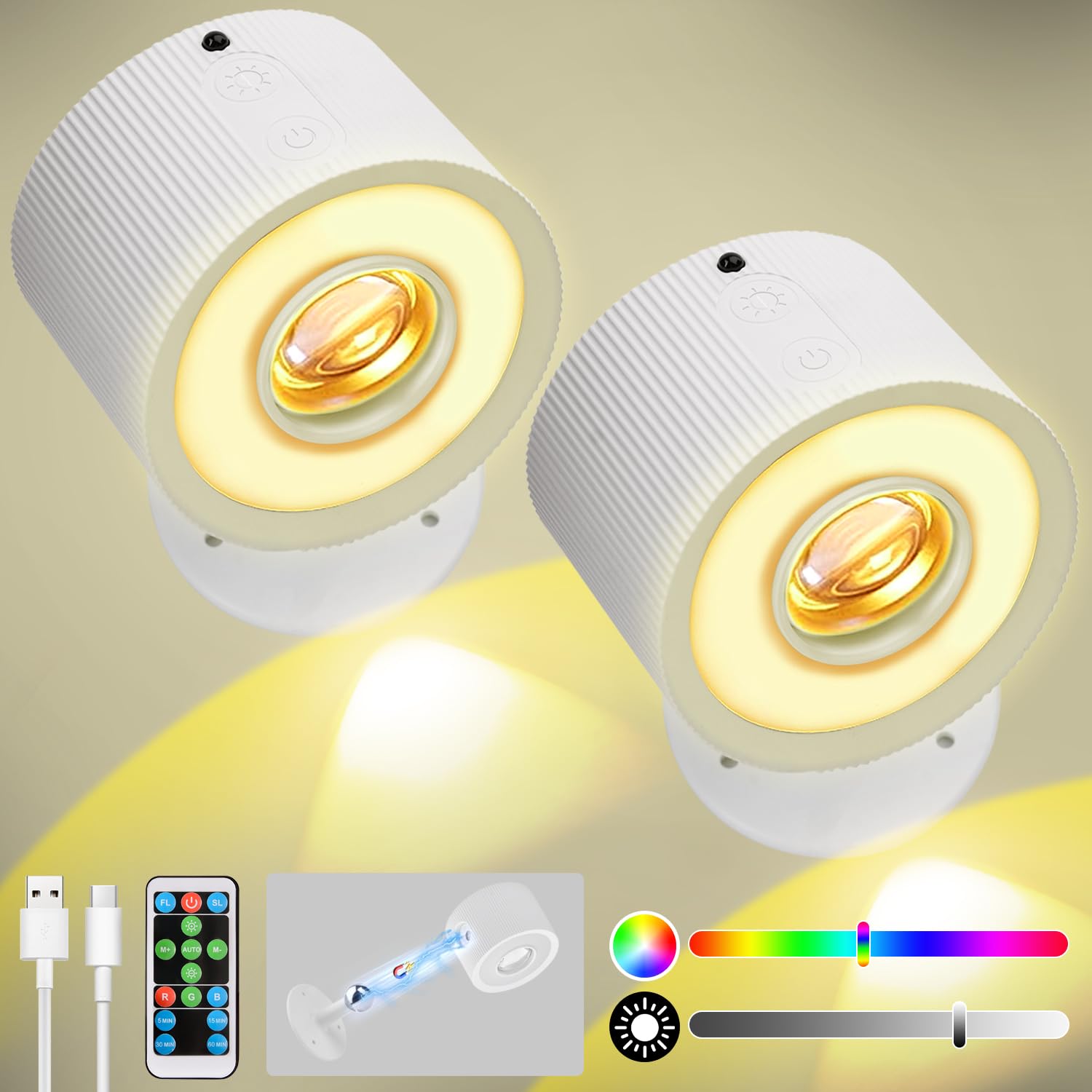 Led Wall Mounted Lights With Remote, 3000Mah Rechargeable Wall Sconces 7 Rgb Colors, 3 Lighting Modes & Dimmable, 360Rotate Cord