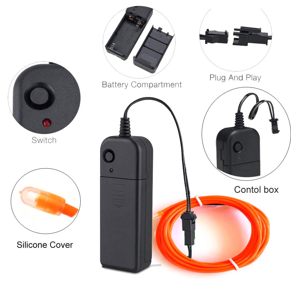 MaxLax EL Wire Neon Lights Strip, 10M/32.8FT, Orange Portable Battery Pack, 360° Cuttable Rope Lights for Parties & DIY Decoration