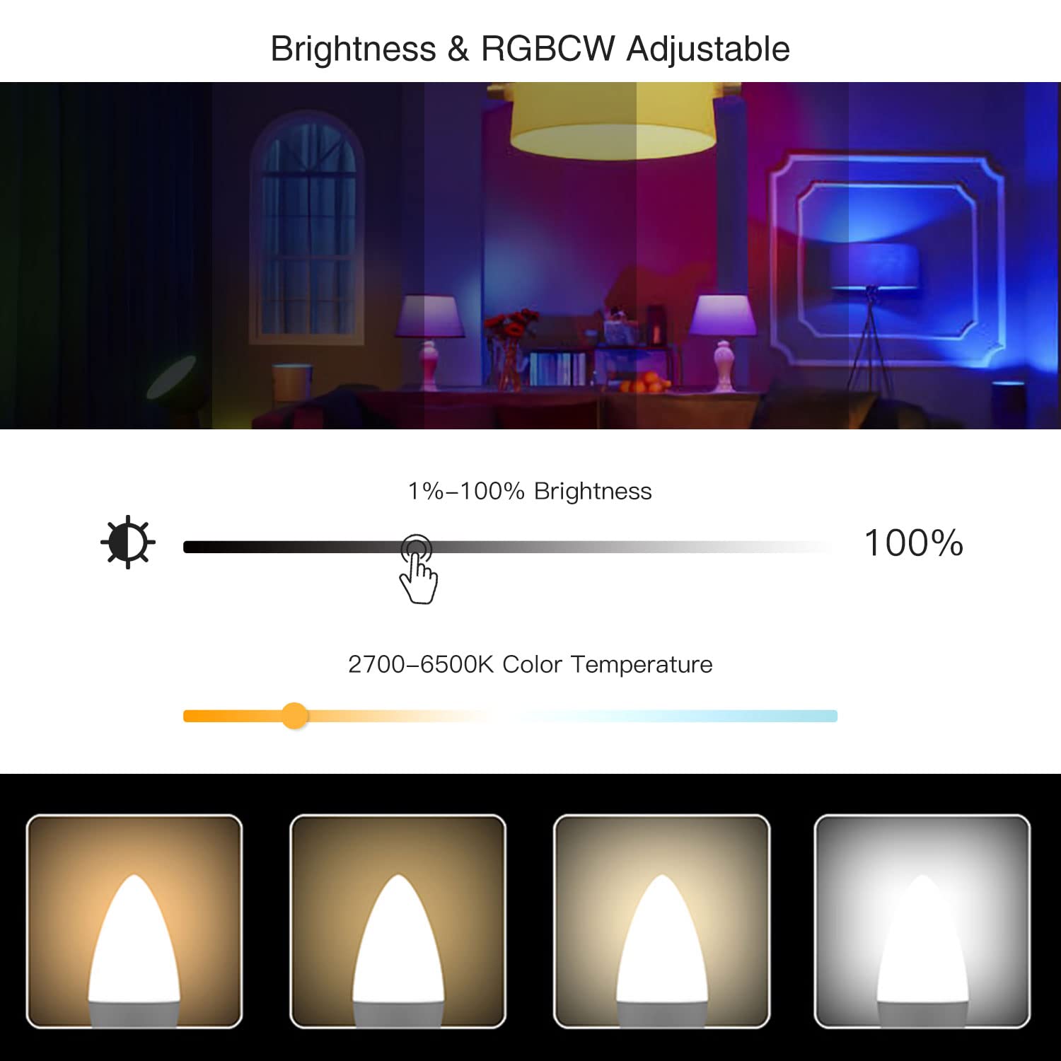 DoHome Smart Candelabra LED E12 Bulbs, Wi-Fi Dimmable, 5W, 450LM, White, 4 Pack