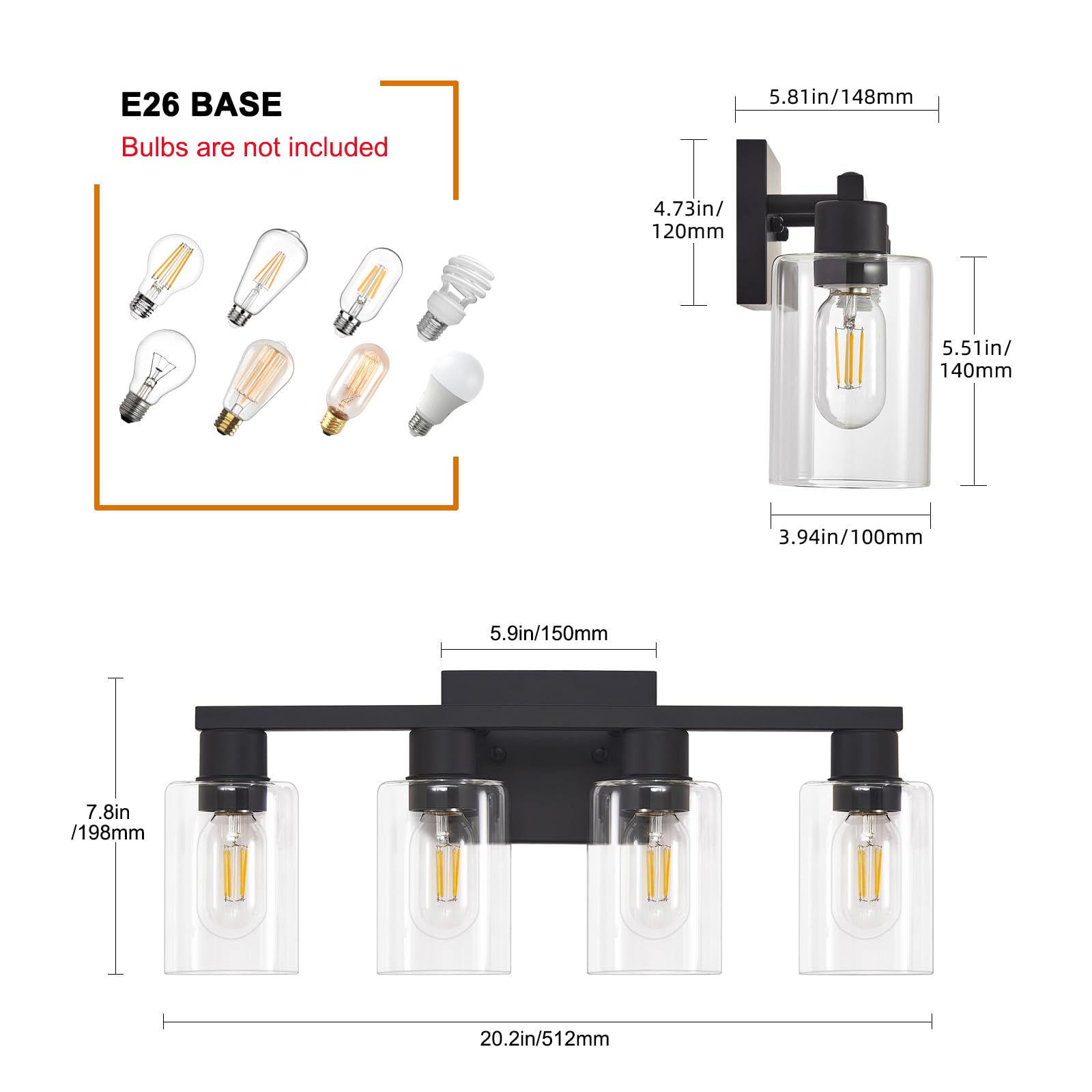 Diduio Black Vanity Lights For Bathroom 4 Light Bathroom Vanity Light Classic Bathroom Lighting Fixtures Over Mirror Farmhouse Vanity Lights With Clear Glass Shade