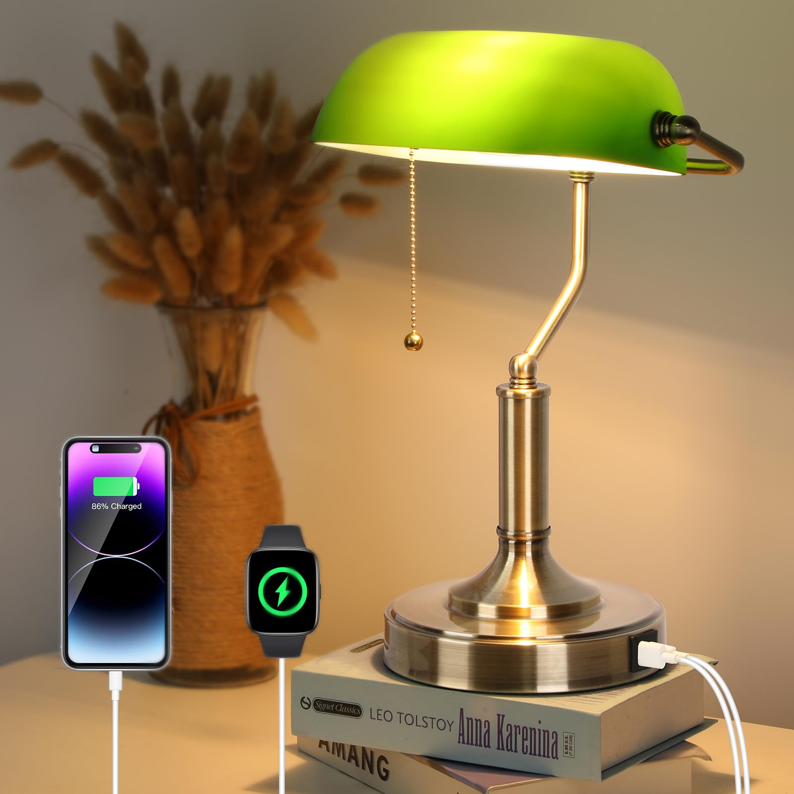 Linnmon Bankers Lamp, Green Desk Lamp With Pull Chain Switch, Retro Lamp With Usb And Type C Charging Ports, Vintage Lamp For Ho