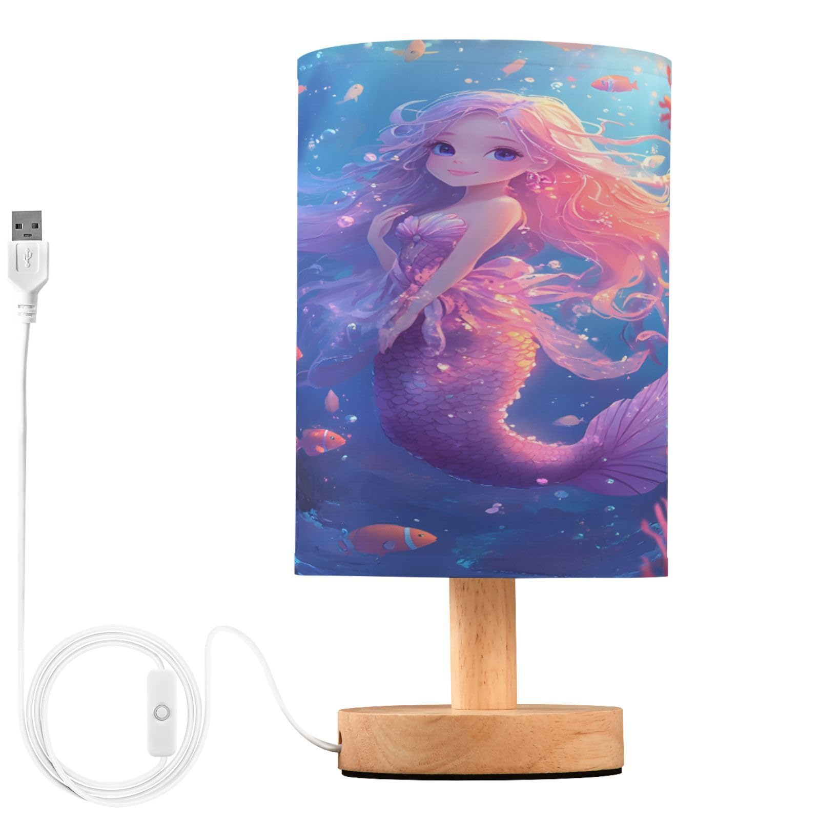 ALAZA Beautiful Mermaid Coral Fish Sea Decor Bedside Table Lamp with USB Port for Bedroom Nightstand Office Desk LED Bulb Includ