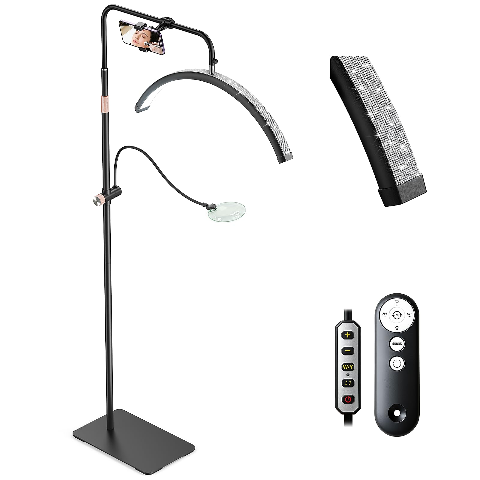 Half Moon Lash Light - Bling Diamond Lash Lamp with 4X Magnifier & Phone Holder, Adjustable Floor Lamp for Eyelash Extensions, N