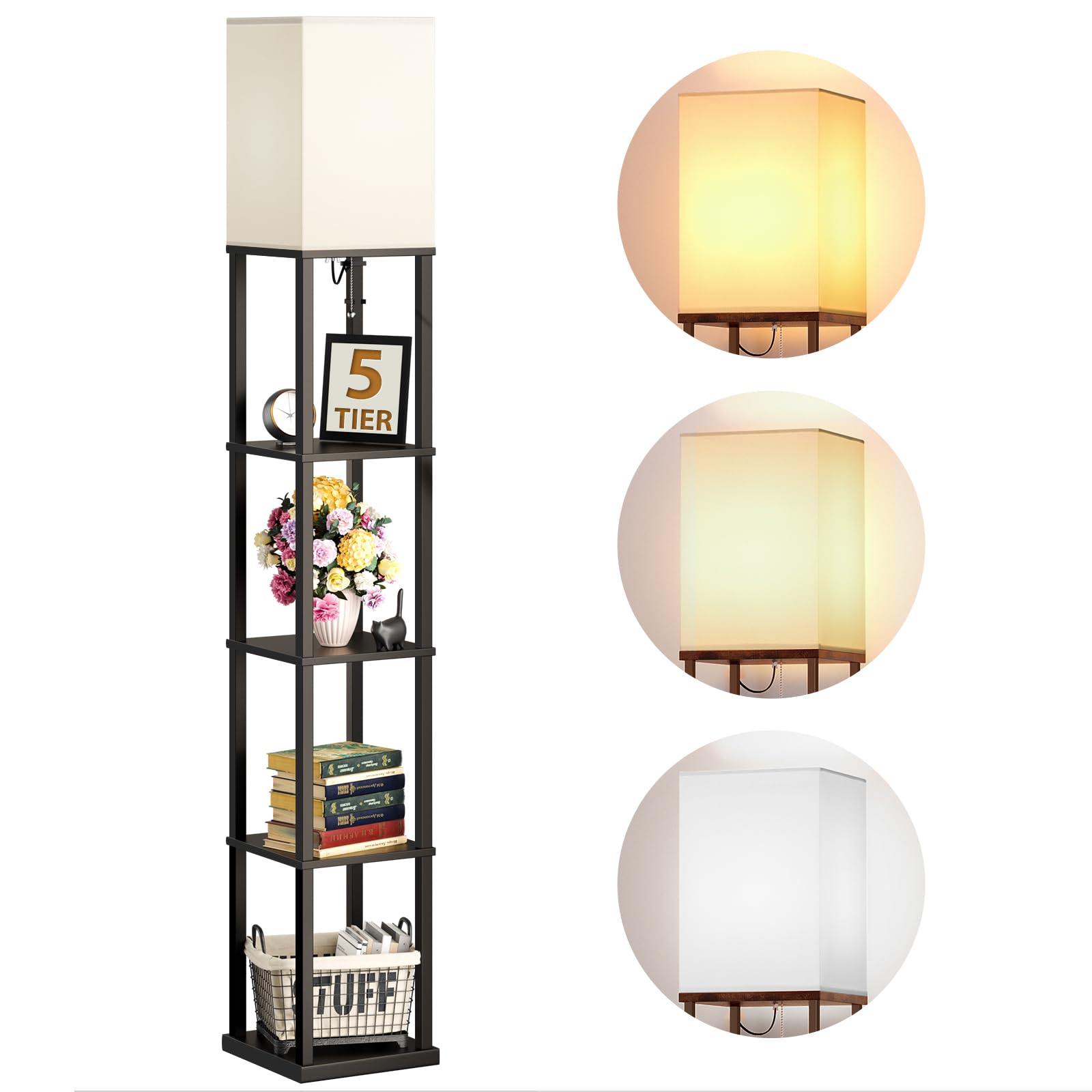 addlon Floor Lamp with Shelves, 70in H Modern Aluminum Design, Black, Model A130109912, Includes 3CCT LED Bulb