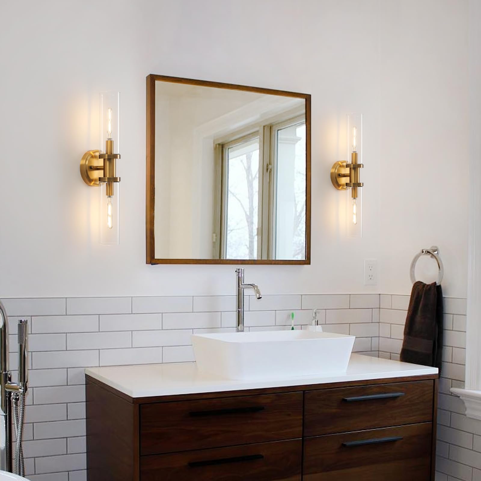 KUZZULL Wall Sconces Set of 2, Brushed Brass Gold with Clear Glass, Modern 28in Light Fixtures, Stylish Wall Decor