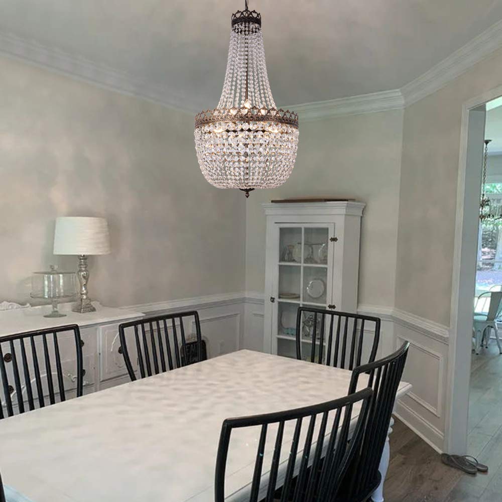 Wellmet Crystal Chandelier Lights, 9 Lights French Empire Chandelier Lighting High Ceiling Hanging Pendant Light Fixture for Din