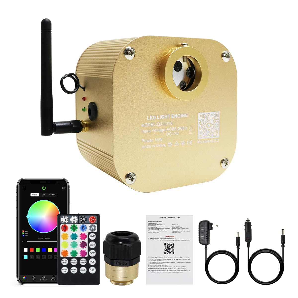 AKEPO 16W Twinkle Fiber Optic Light Engine, Bluetooth Control, Music Activated, Gold, Model QJ-L016