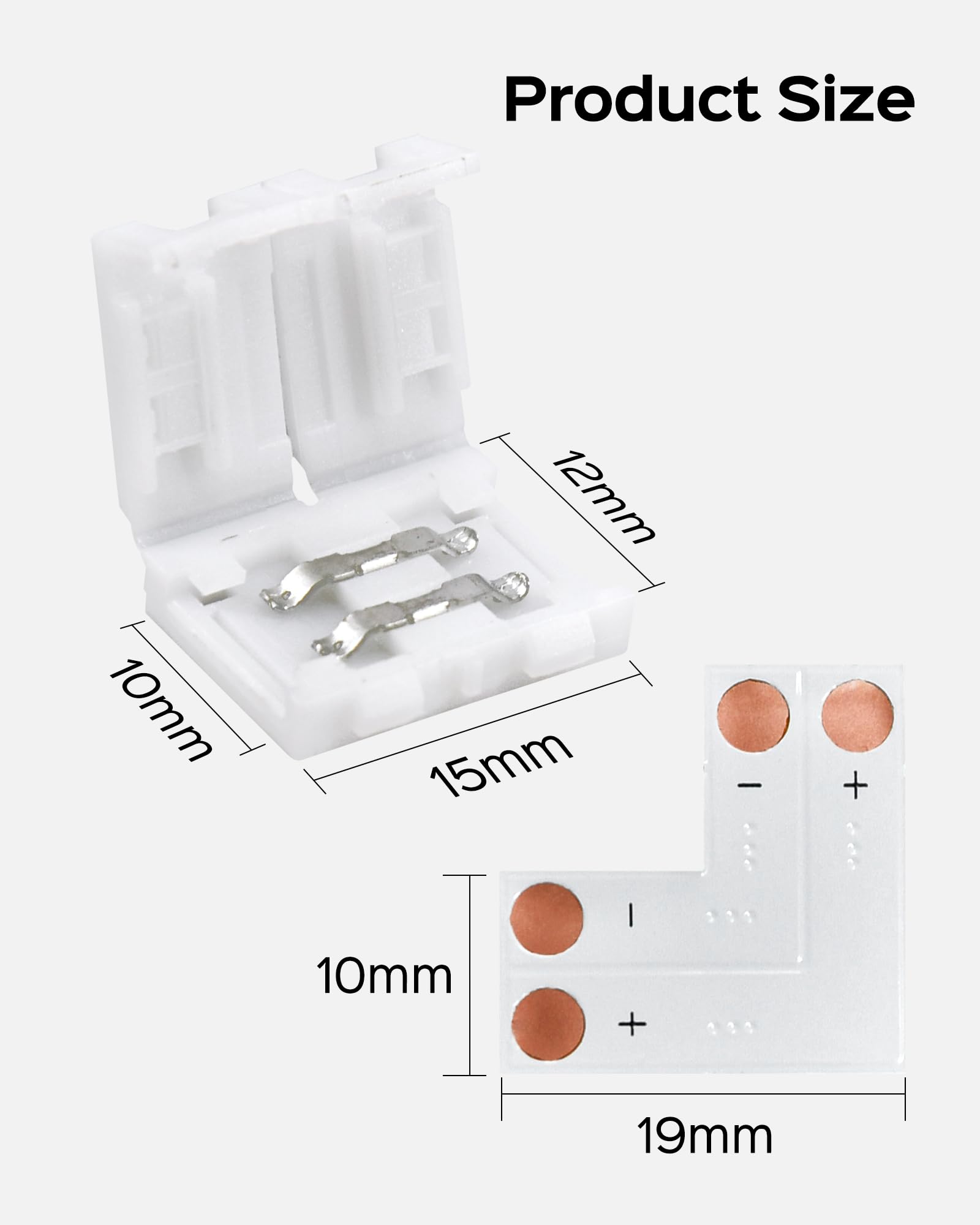 Jackyled 10Mm 2-Pin Led Strip Connectors For Led Strip Lights, Total 22Pcs Corner Connectors Kit For Unwired Gapless Solderless