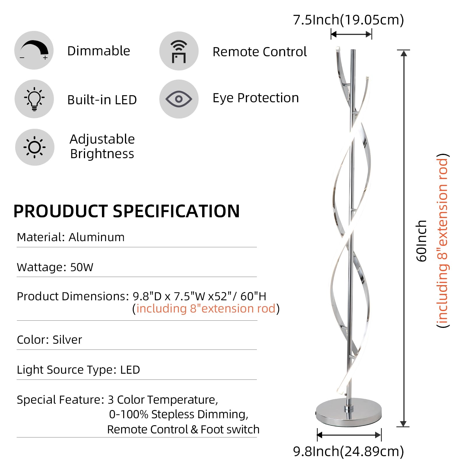 Eidearay Led Modern Floor Lamp For Living Room, 40W 3 Colors Stepless Dimmable And Color-Changing Bright Floor Standing Lamp,60'